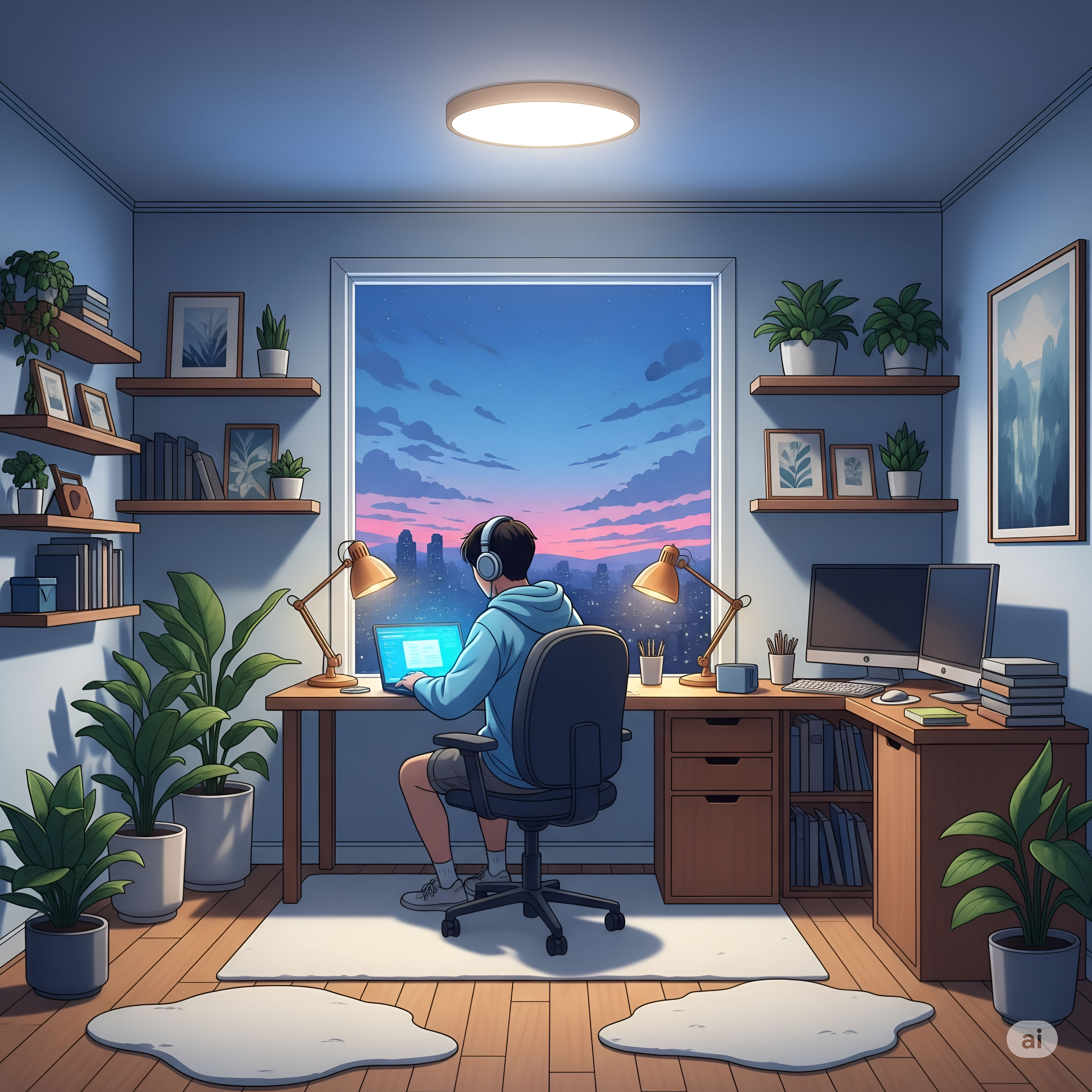 Man Working Late with a City View