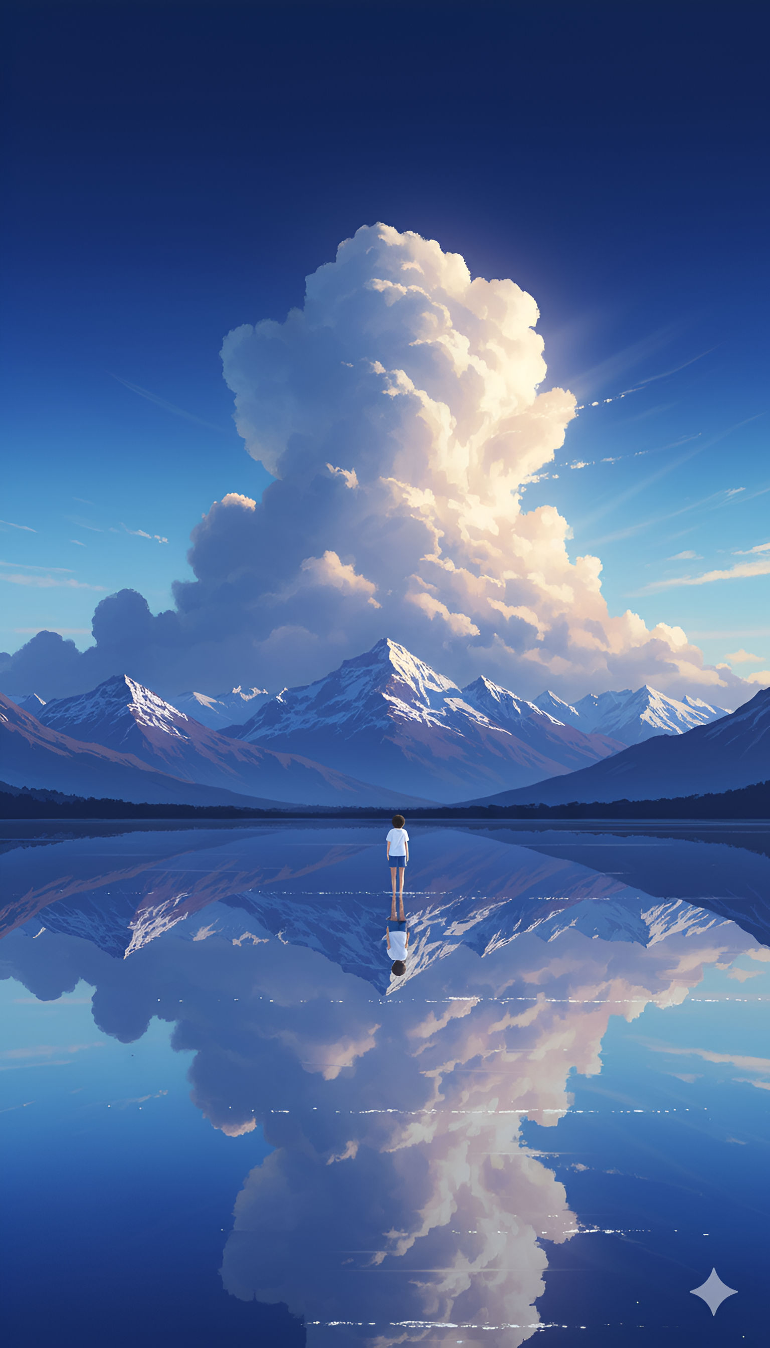 Mirror Lake Reflection: Anime Figure Before Snowy Mountains and Giant Cumulus Cloud