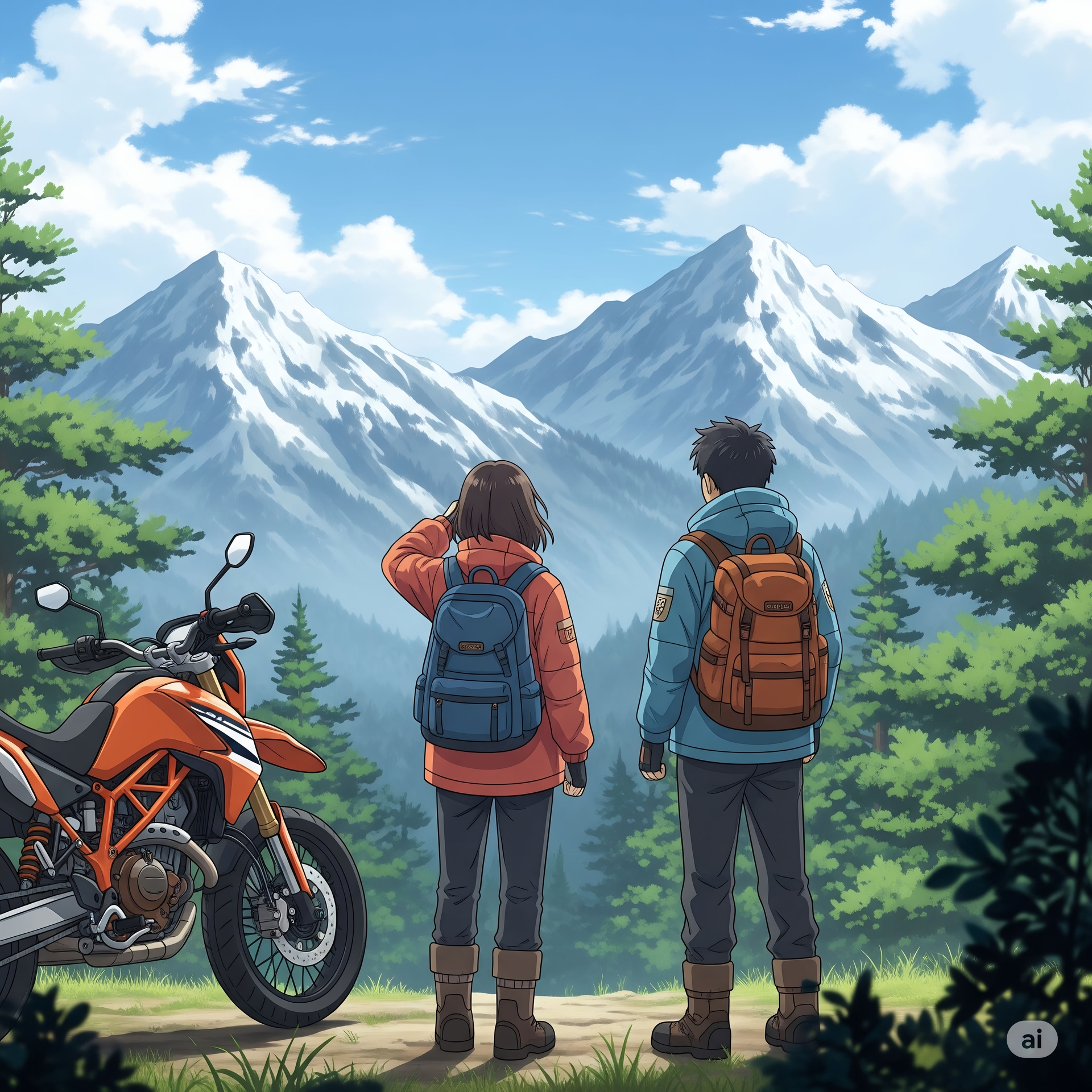 Anime Adventurers Overlooking Snowy Mountains