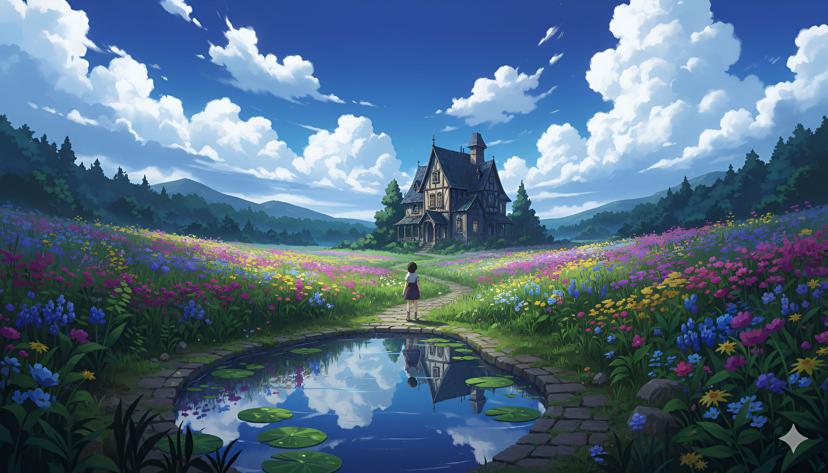 Fantasy Manor in a Meadow: Girl and Pond with Reflection under Blue Sky