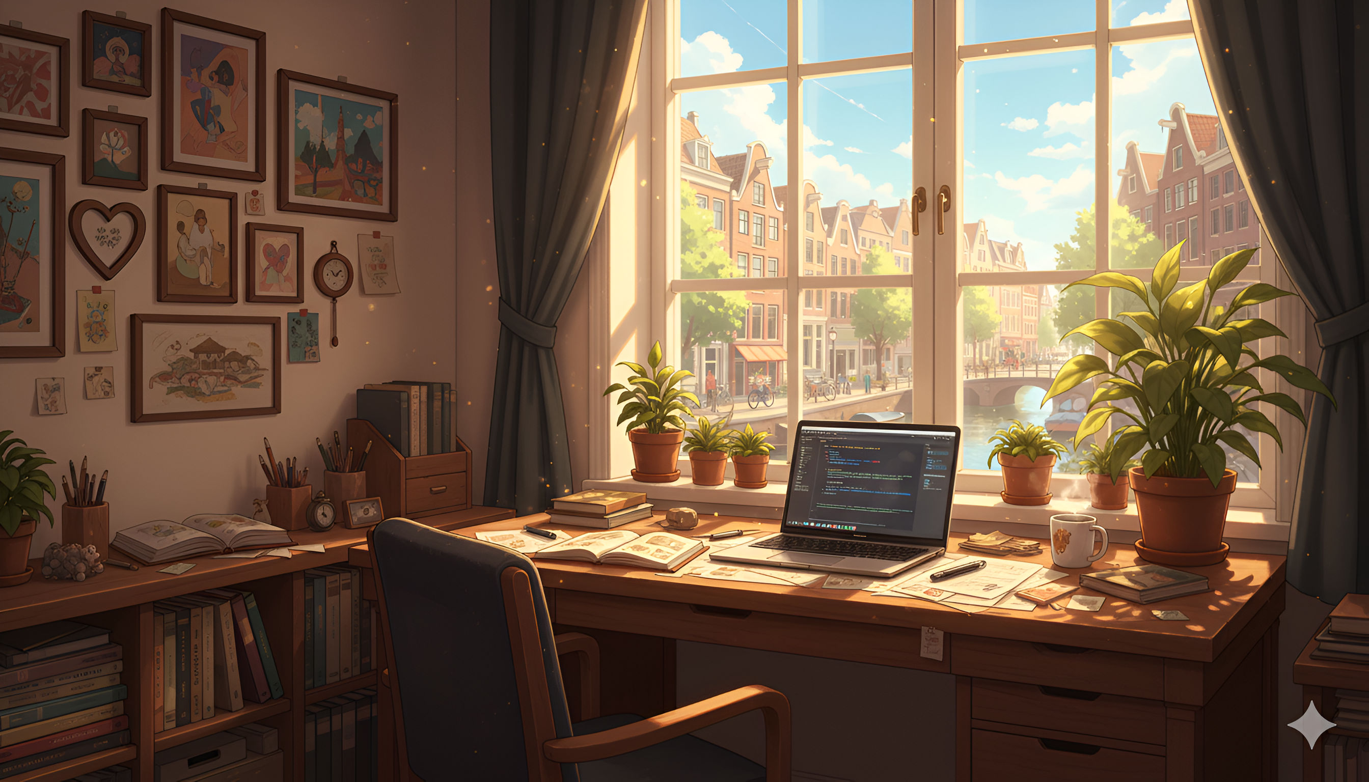 Cozy Anime Canal View Desk – Sunny European Town