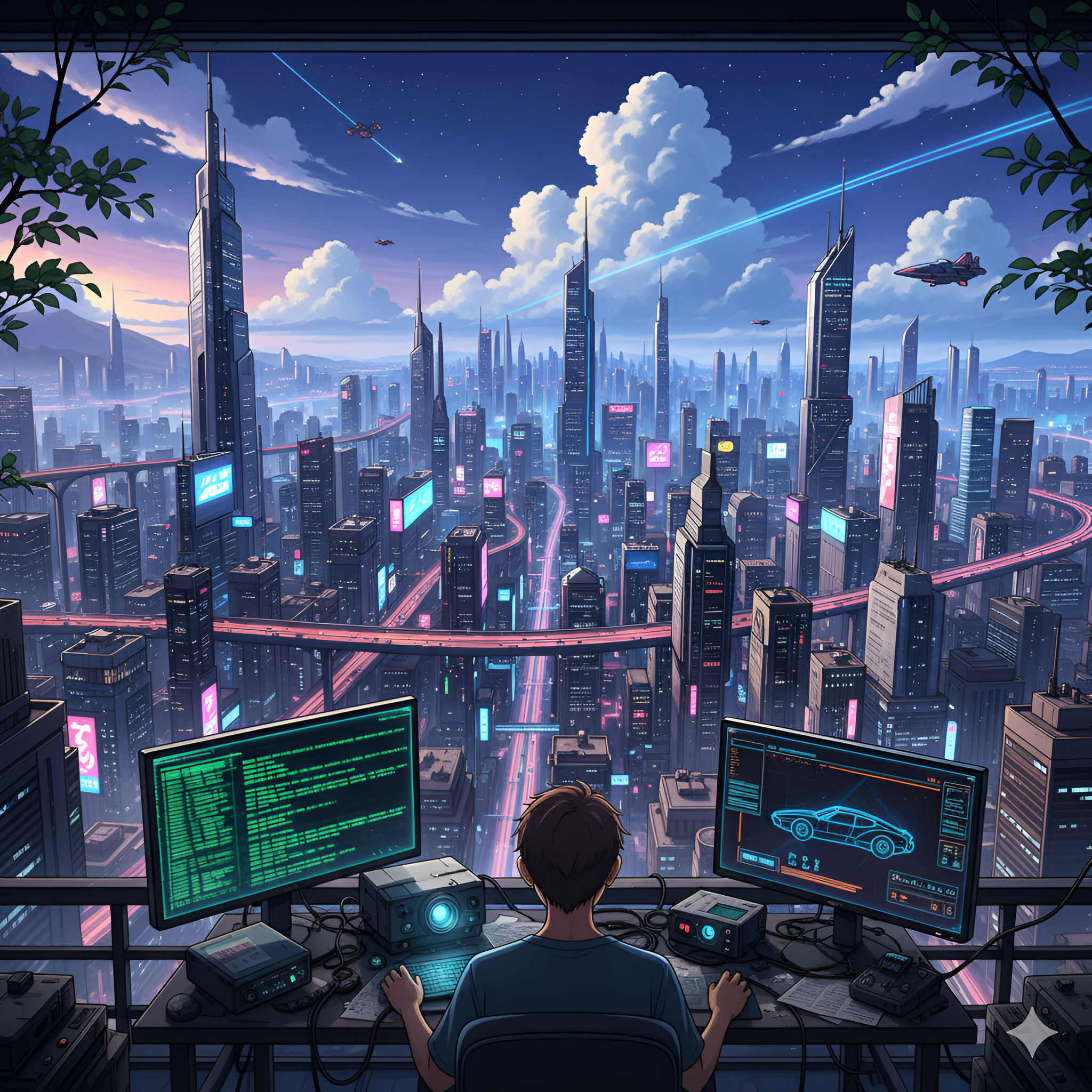 Hacker Overlooking Neon Cyberpunk Cityscape (or Late Night Coding in a Futuristic City)