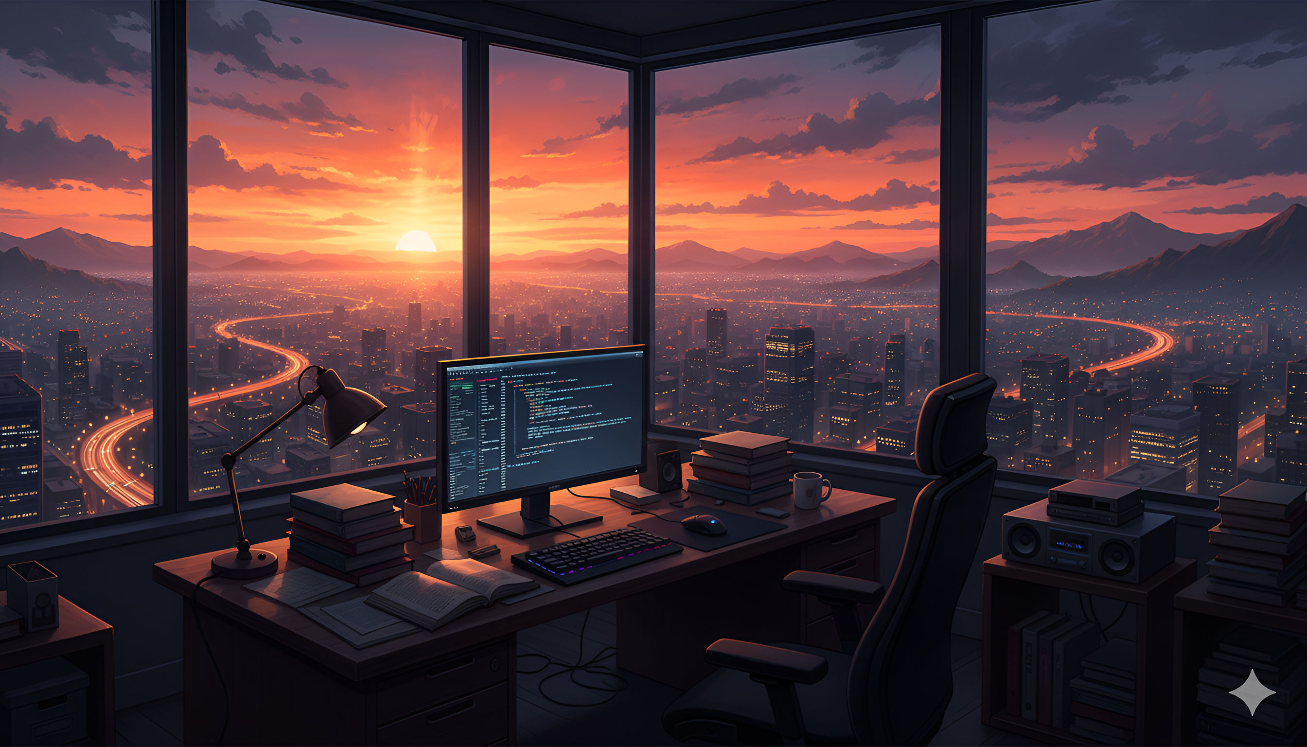 Sunset Developer's View (or Late Night Coding Cityscape)
