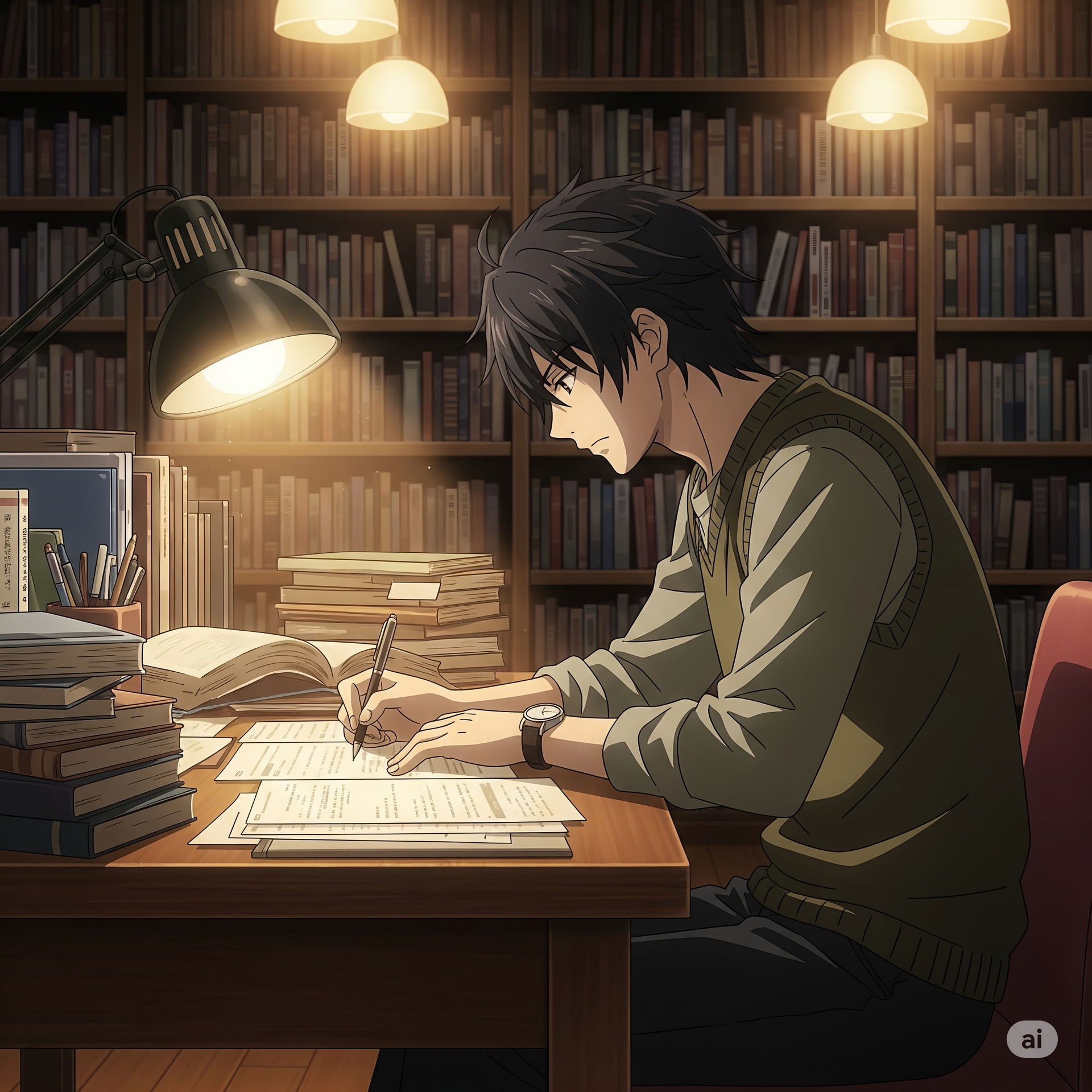 Focused Student Studying in a Library