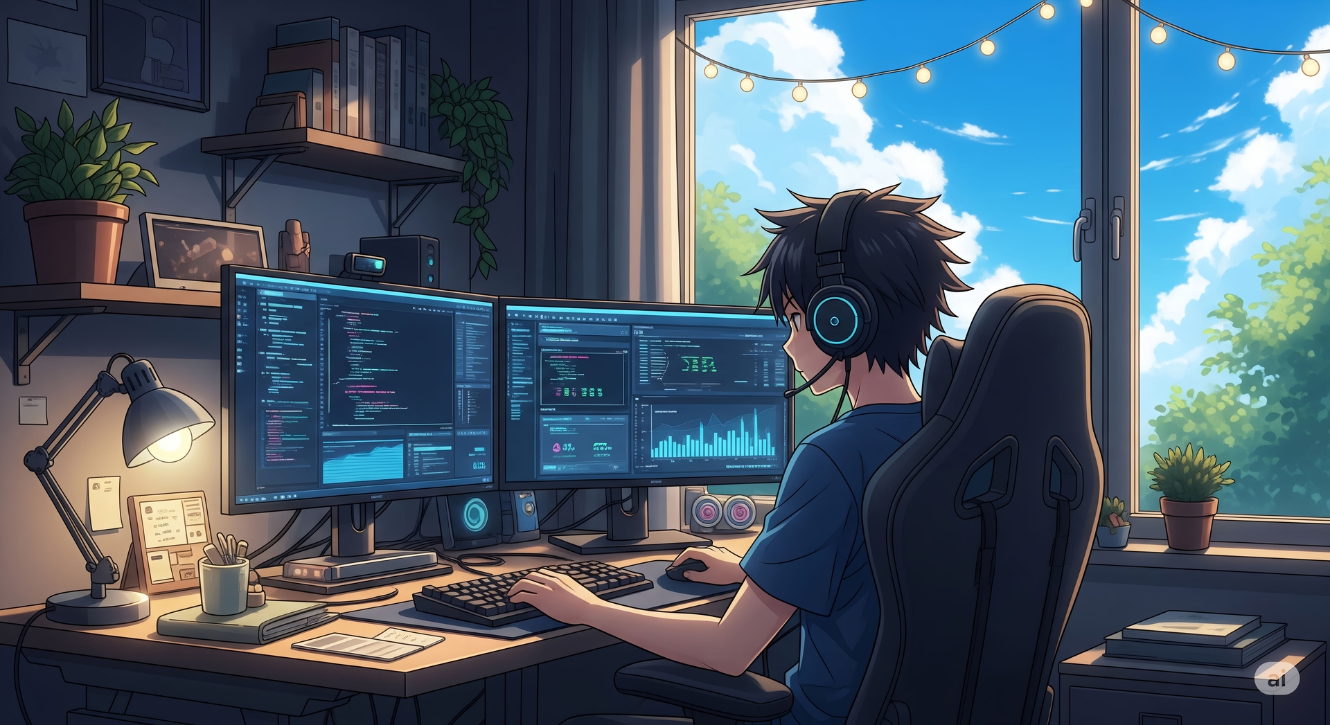  Anime Gamer/Coder with Dual Monitors and Nature View