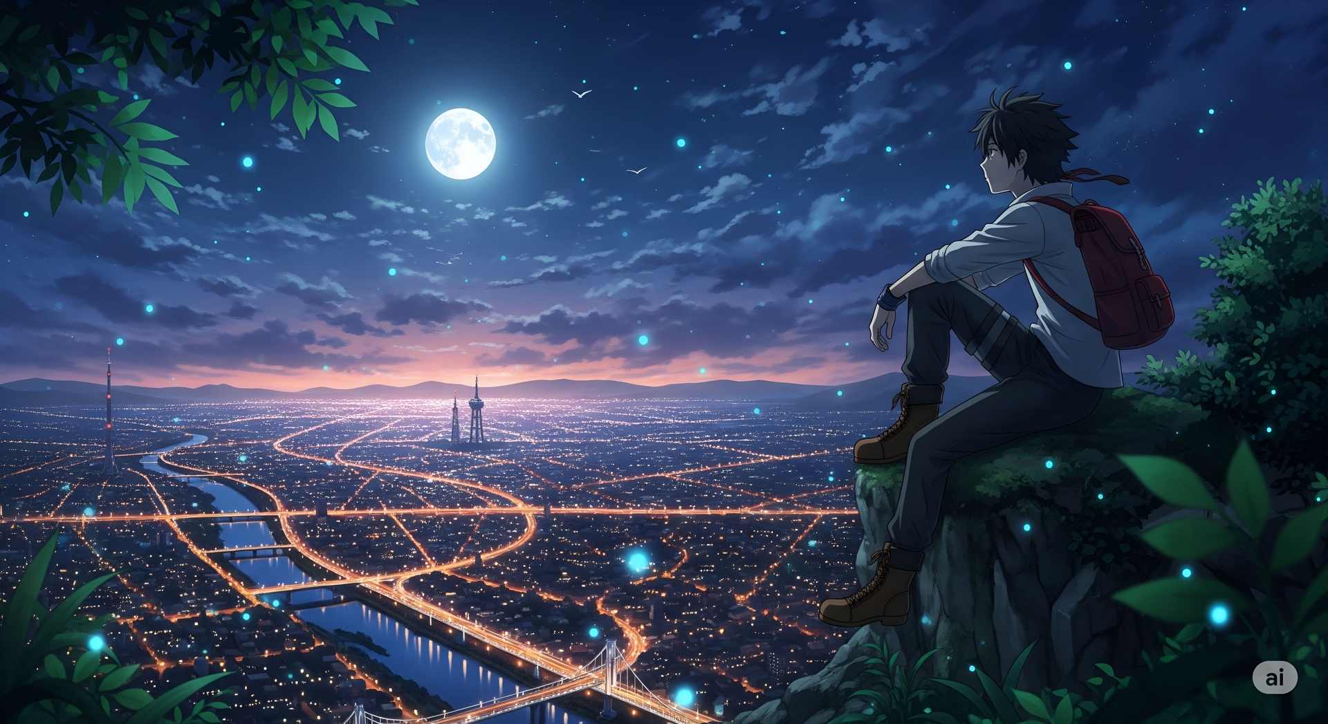Boy Watching a City at Night