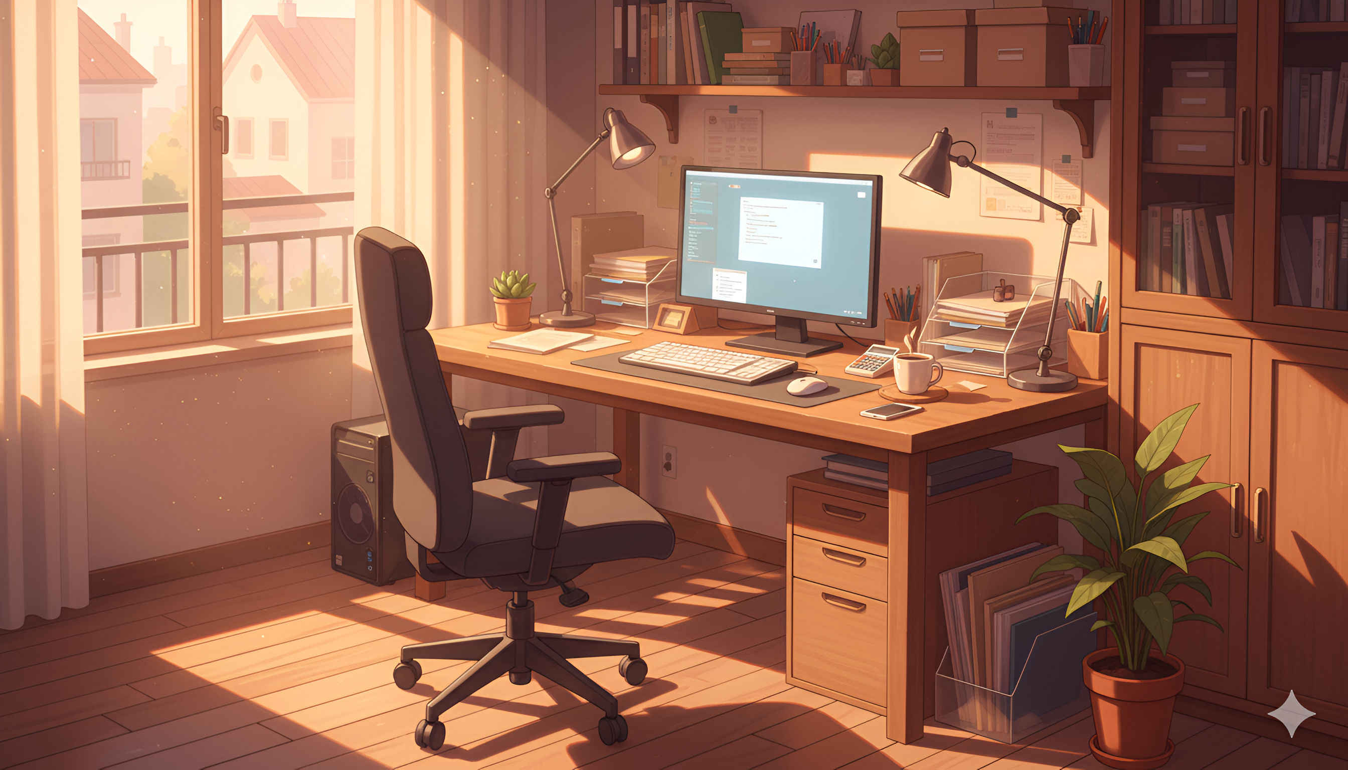 Sunny Lofi Anime Study Room – Cozy Home Office Desk View