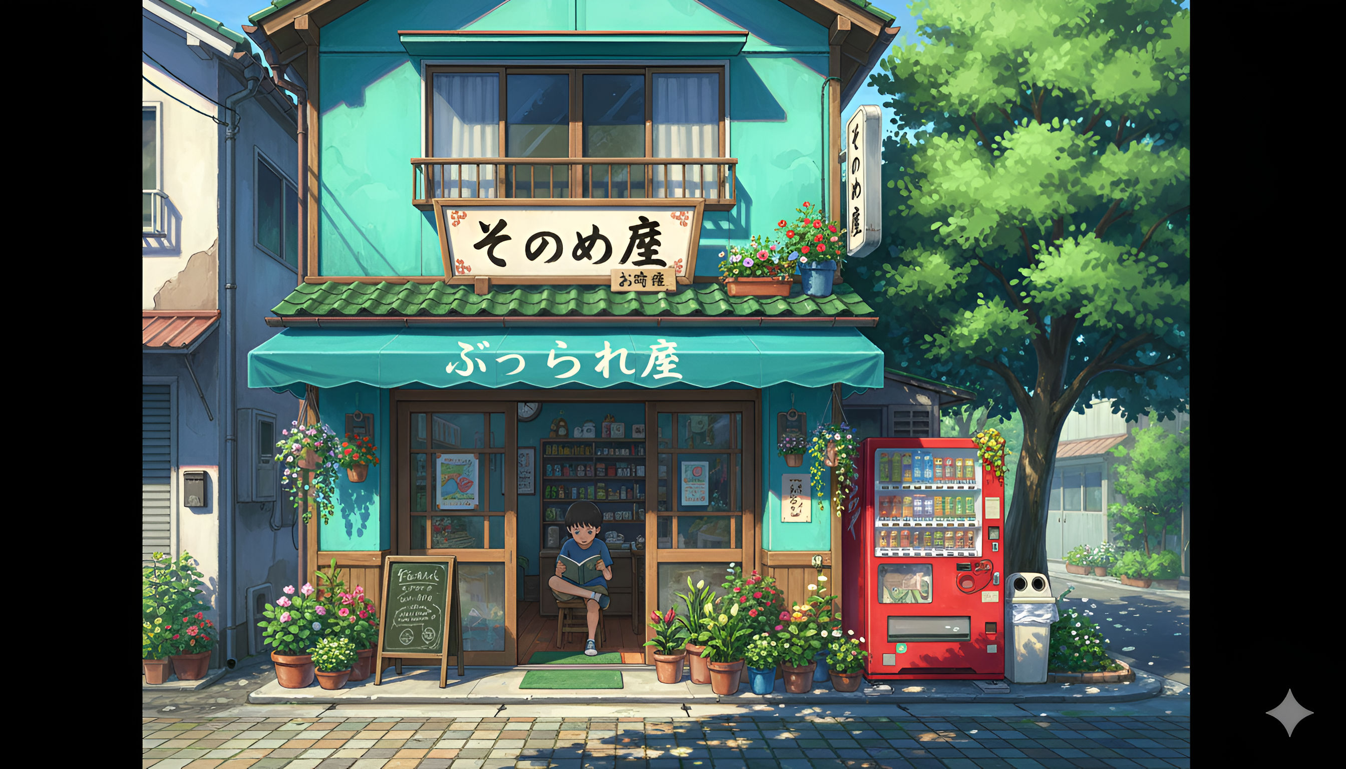 Quaint Teal Japanese Shop: Reading at a Traditional Storefront