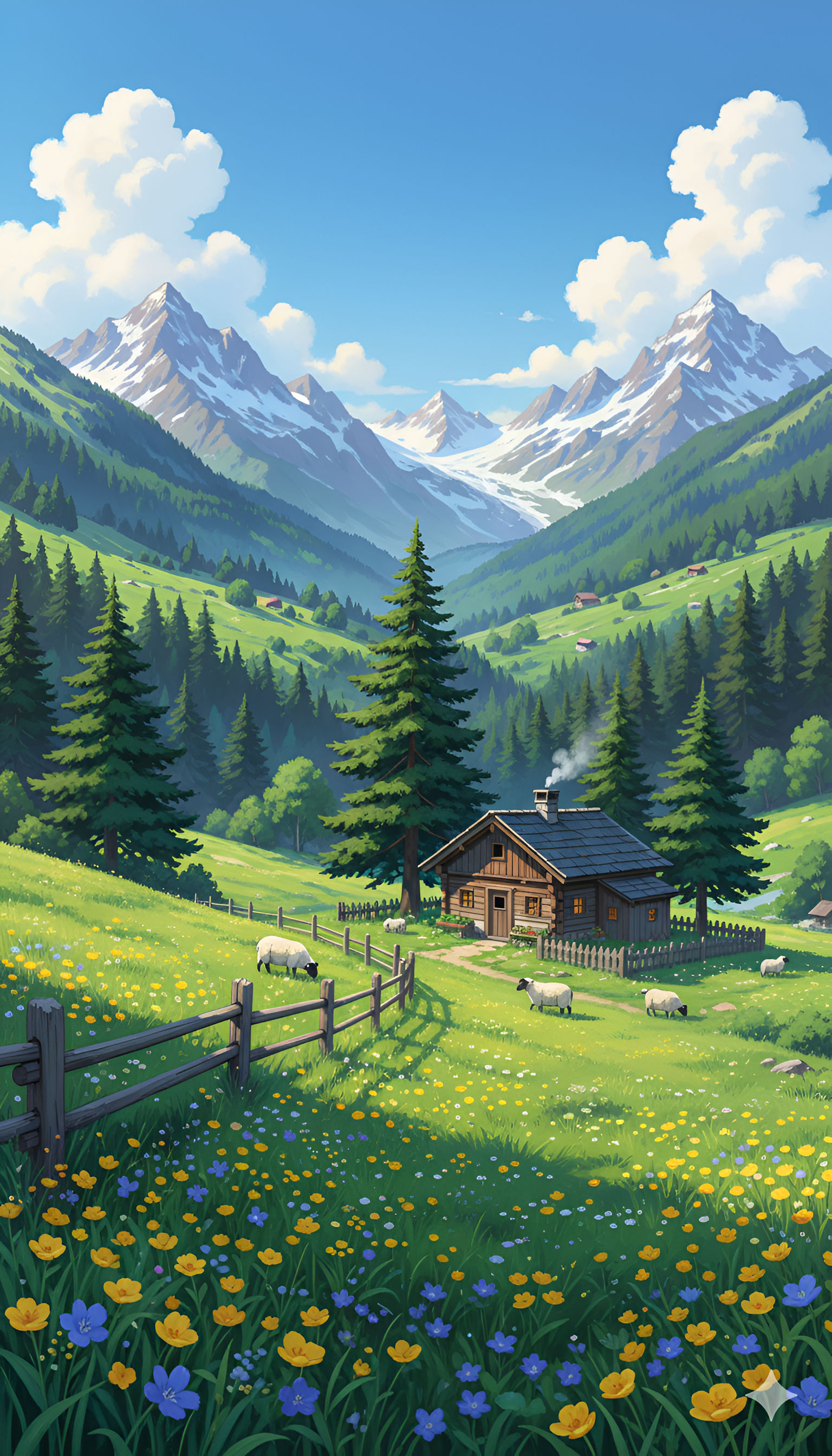 Alpine Shepherd's Cabin: Wildflower Meadow with Sheep and Snowy Peaks