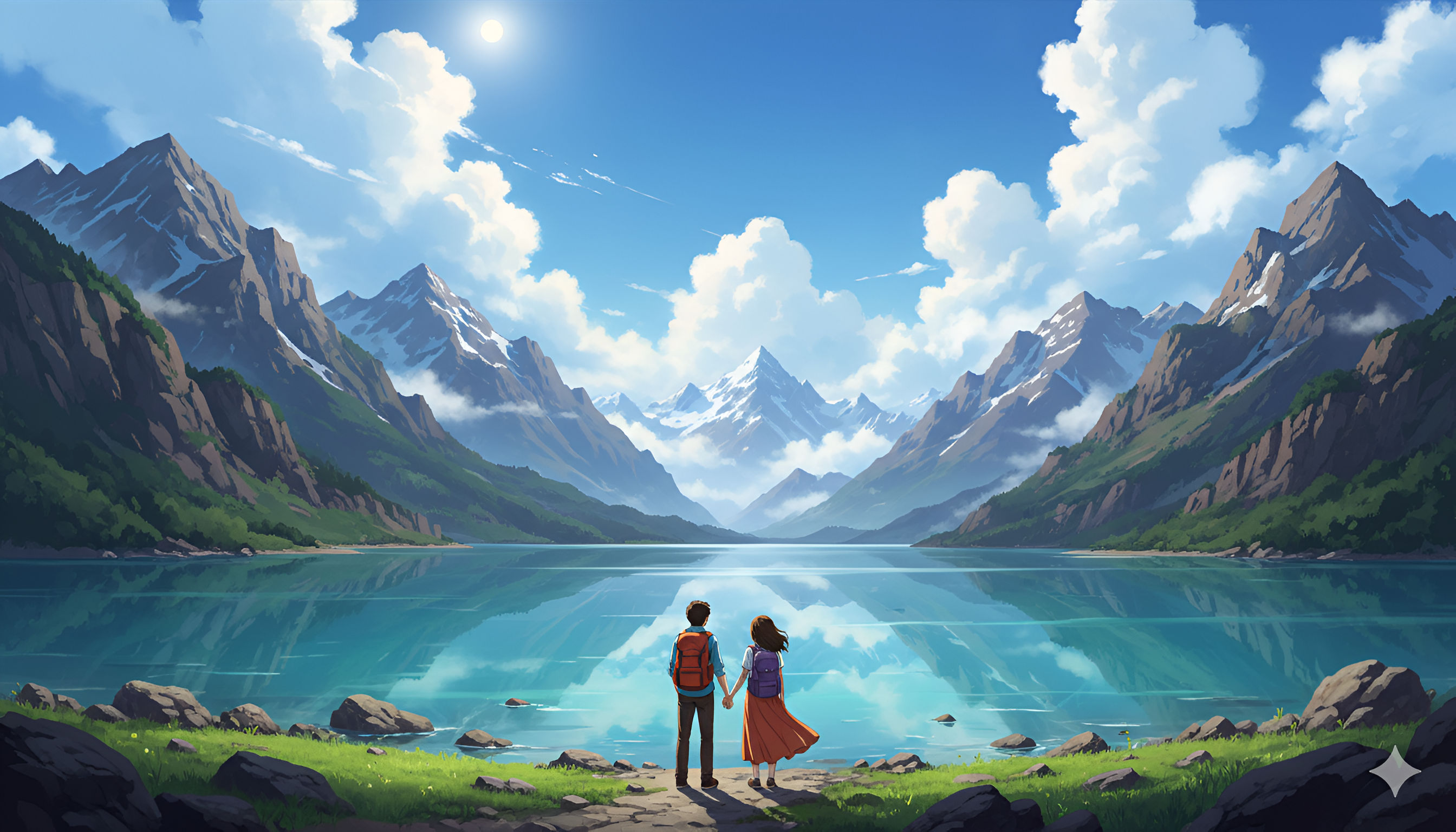 Mountain Lake Adventure: Couple Holding Hands Before a Grand Vista
