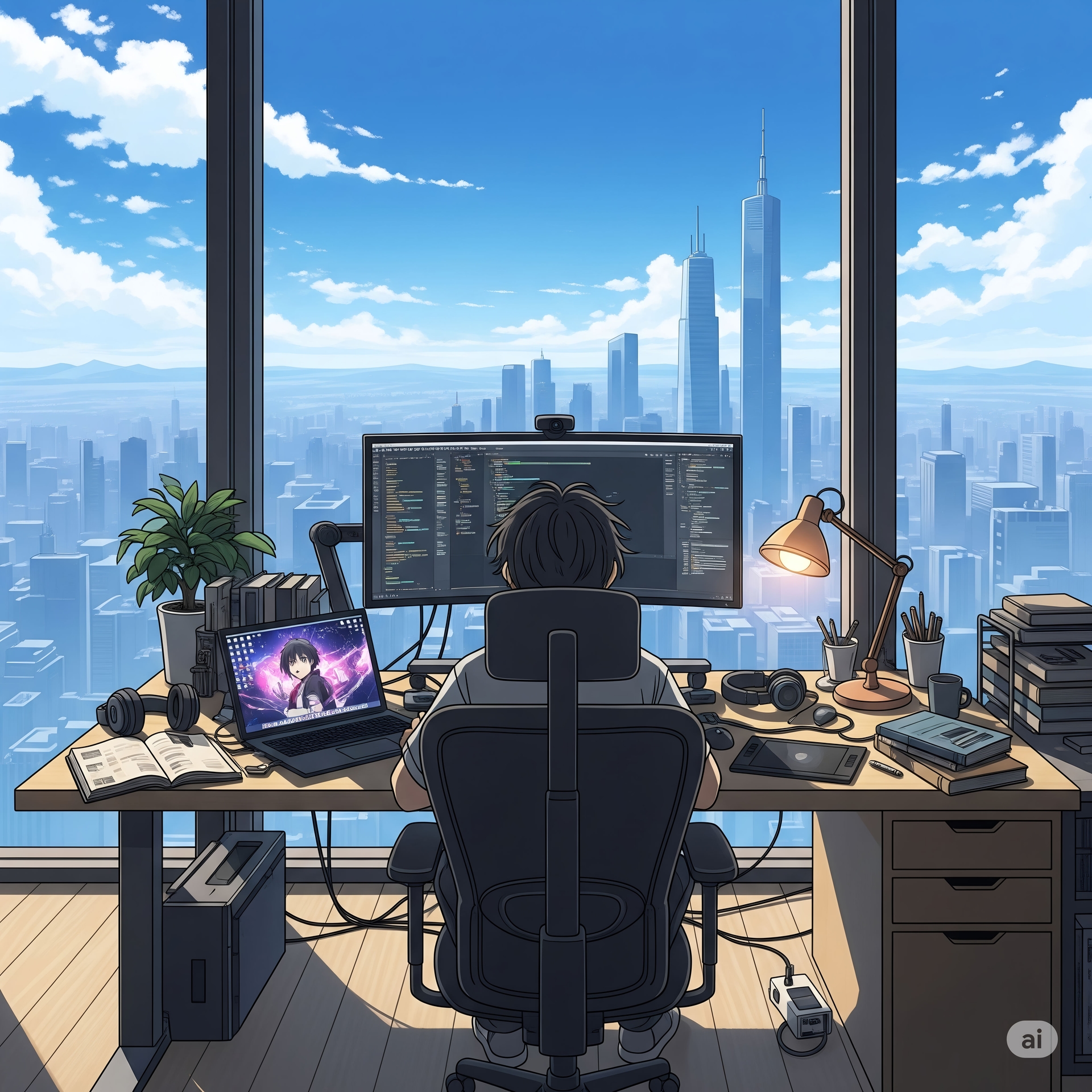  Anime Programmer with City View