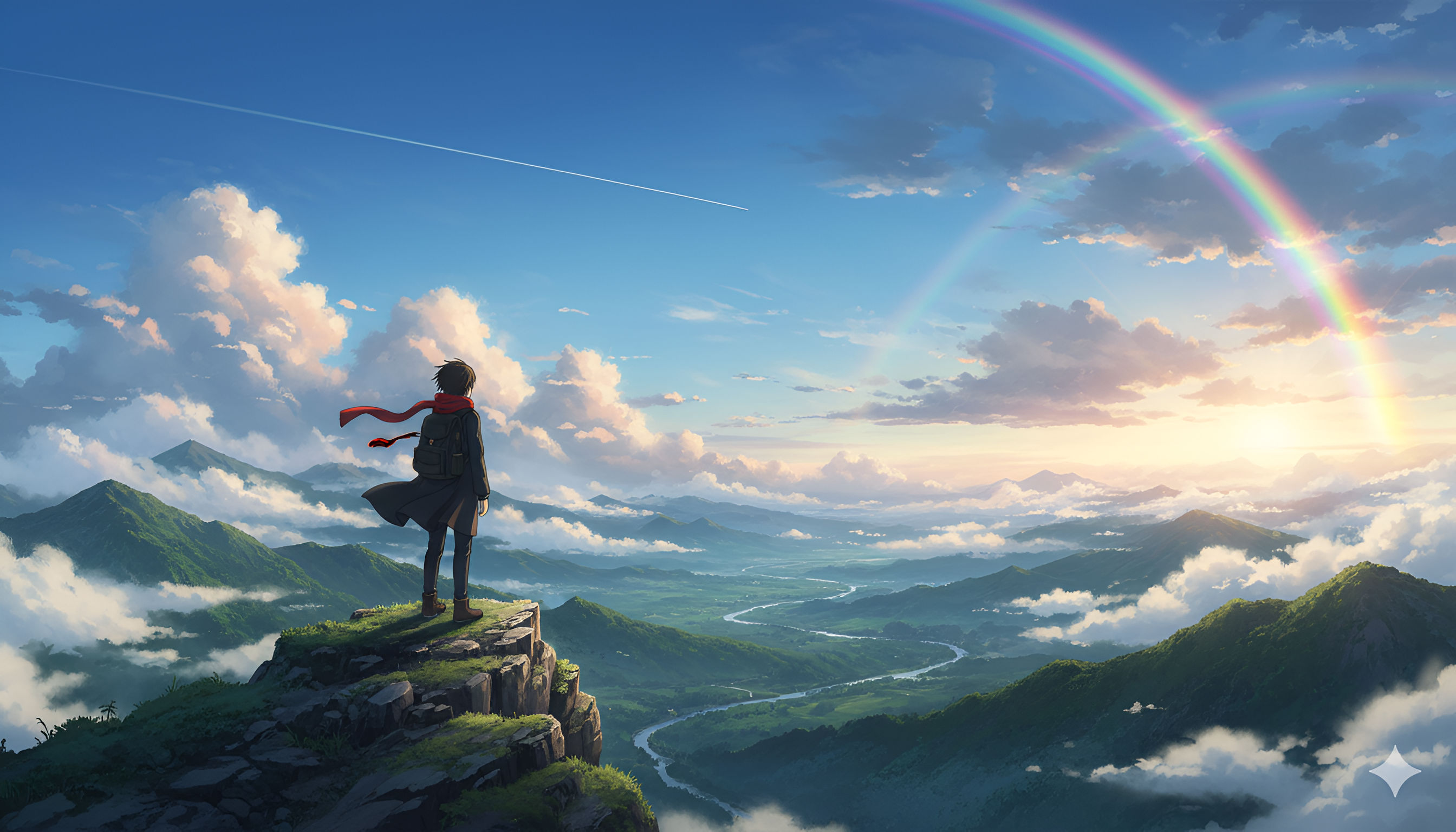 Crest of Hope: Anime Man on Cliff Overlooking Valley with Double Rainbow