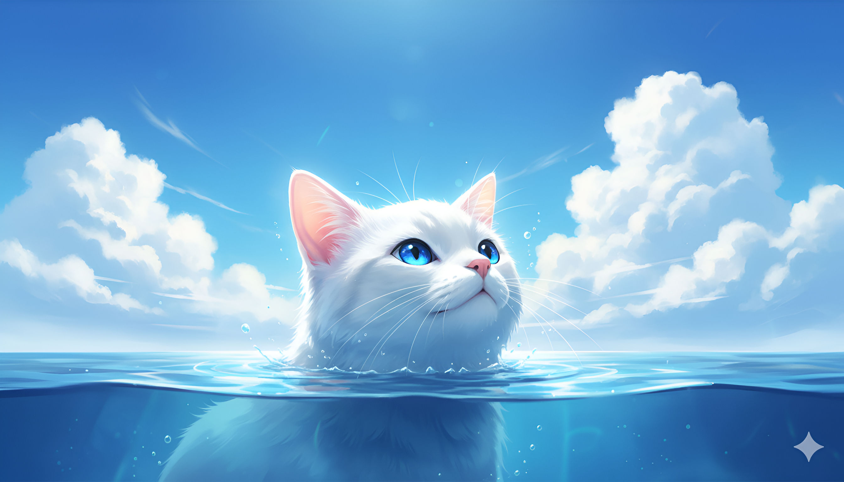 White Cat with Blue Eyes in Water – Clear Sky Anime