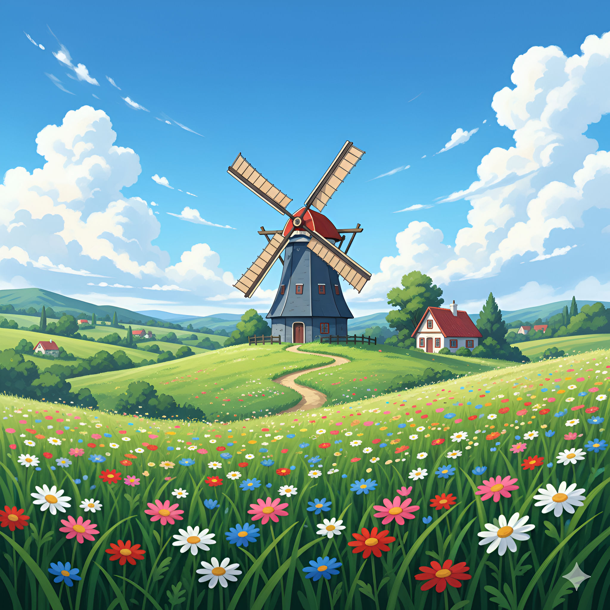 Dutch Countryside Dream: Windmill in a Vibrant Wildflower Meadow