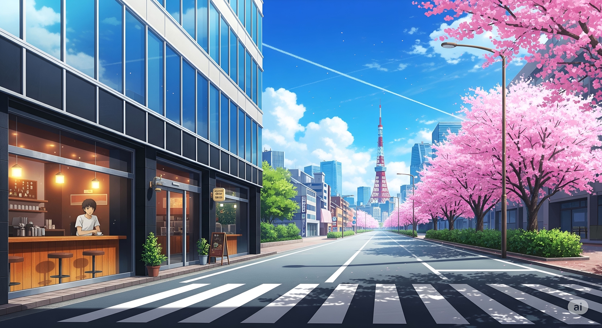  Tokyo Street Scene with Cherry Blossoms and Tokyo Tower