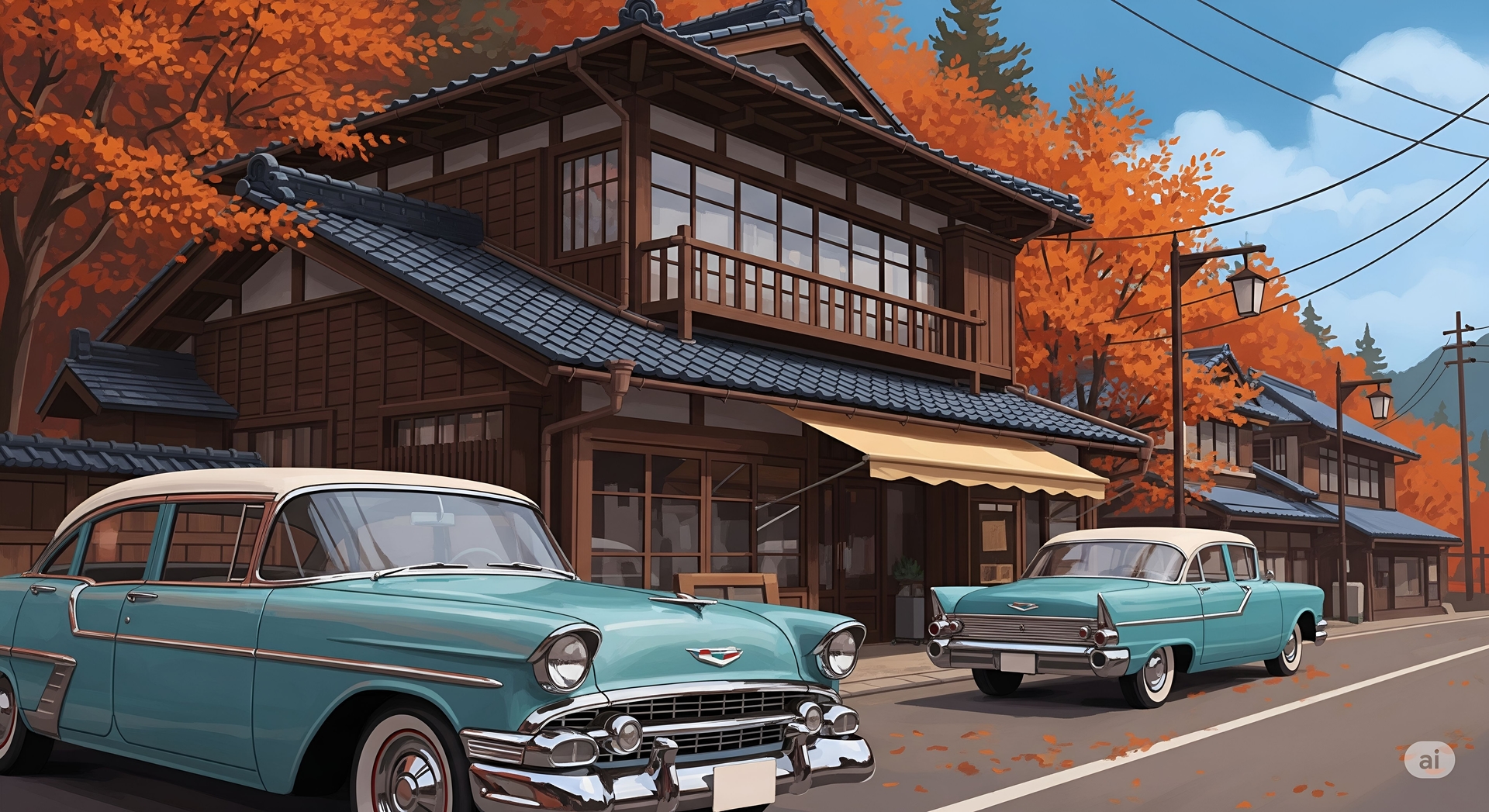 Autumn in a Traditional Japanese Town with Classic Cars
