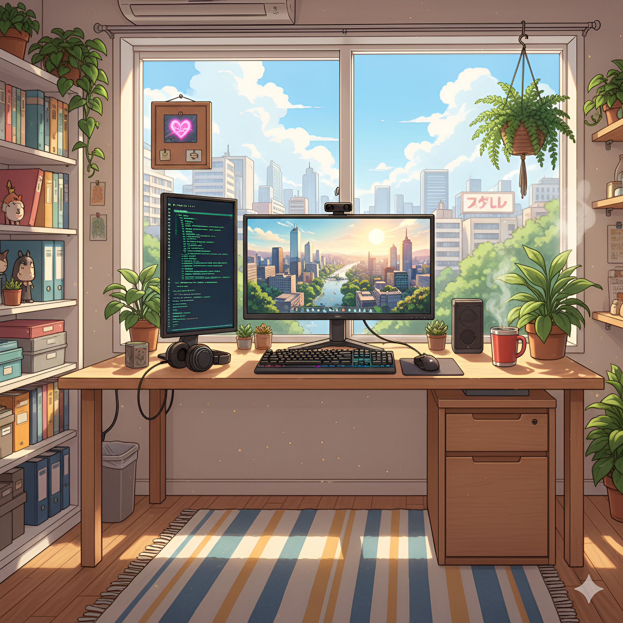 Sunny Home Office Desk with Dual Monitors and City View (or Vibrant Remote Workstation with Plants)