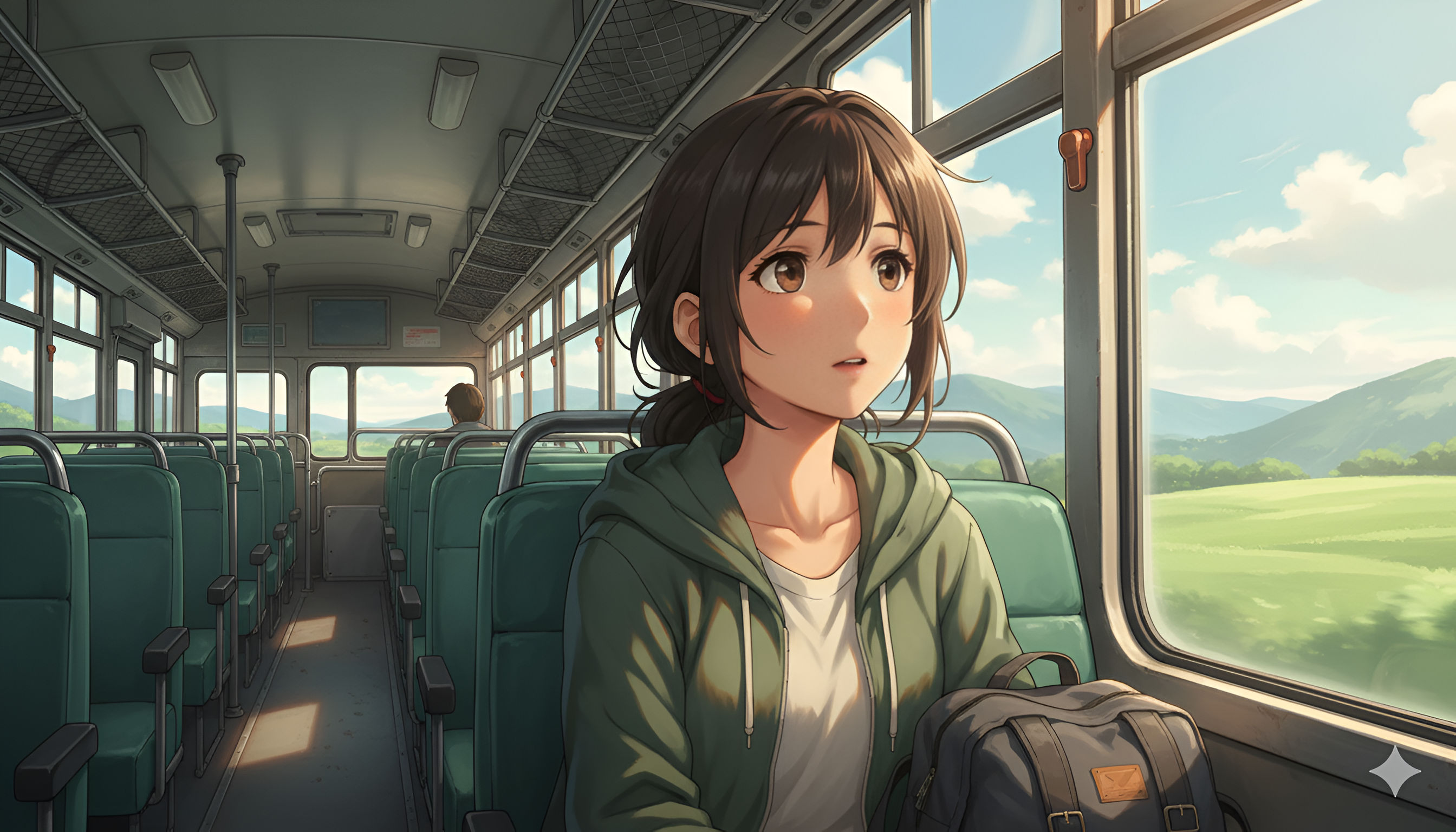 Bus Ride Serenity – Anime Girl and Rolling Green Hills