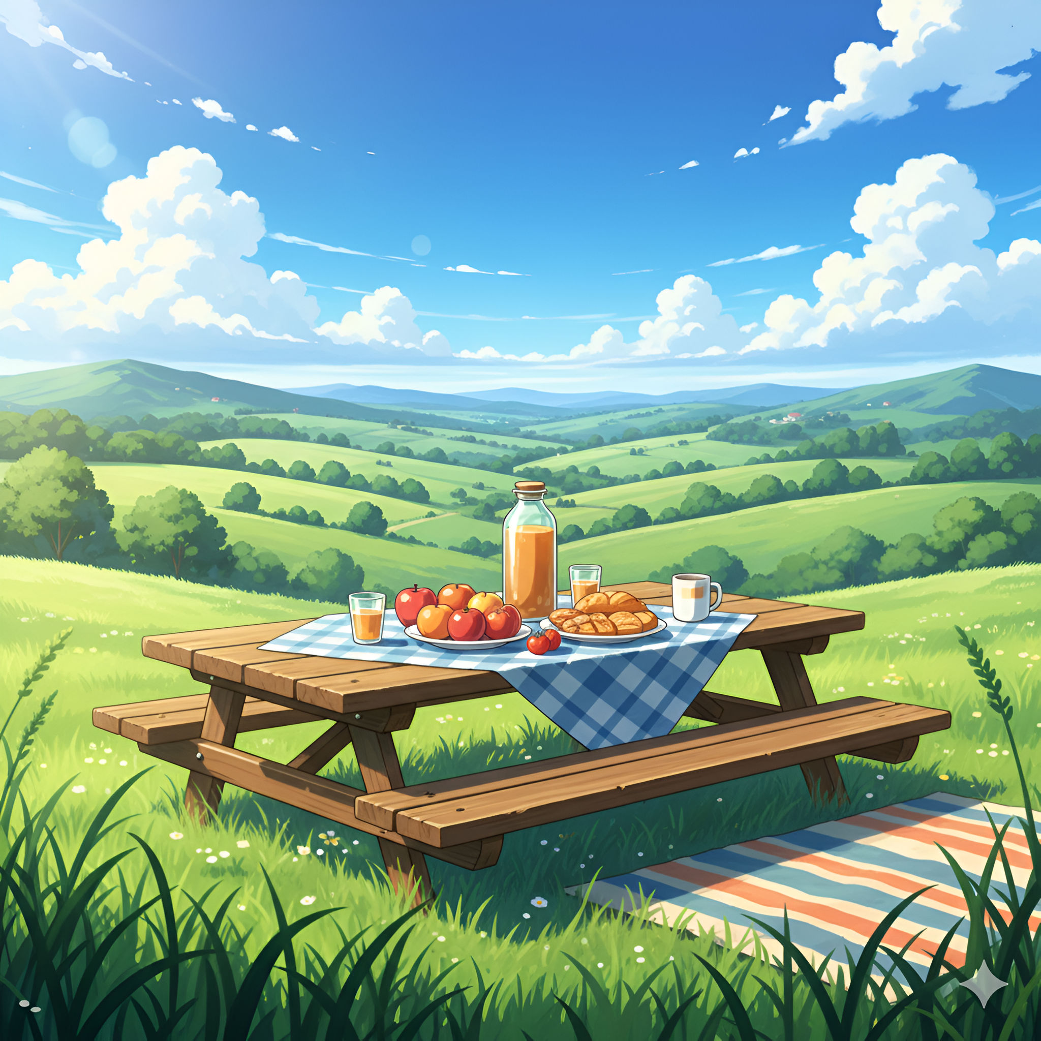 Idyllic Countryside Picnic: Table Set on Rolling Green Hills