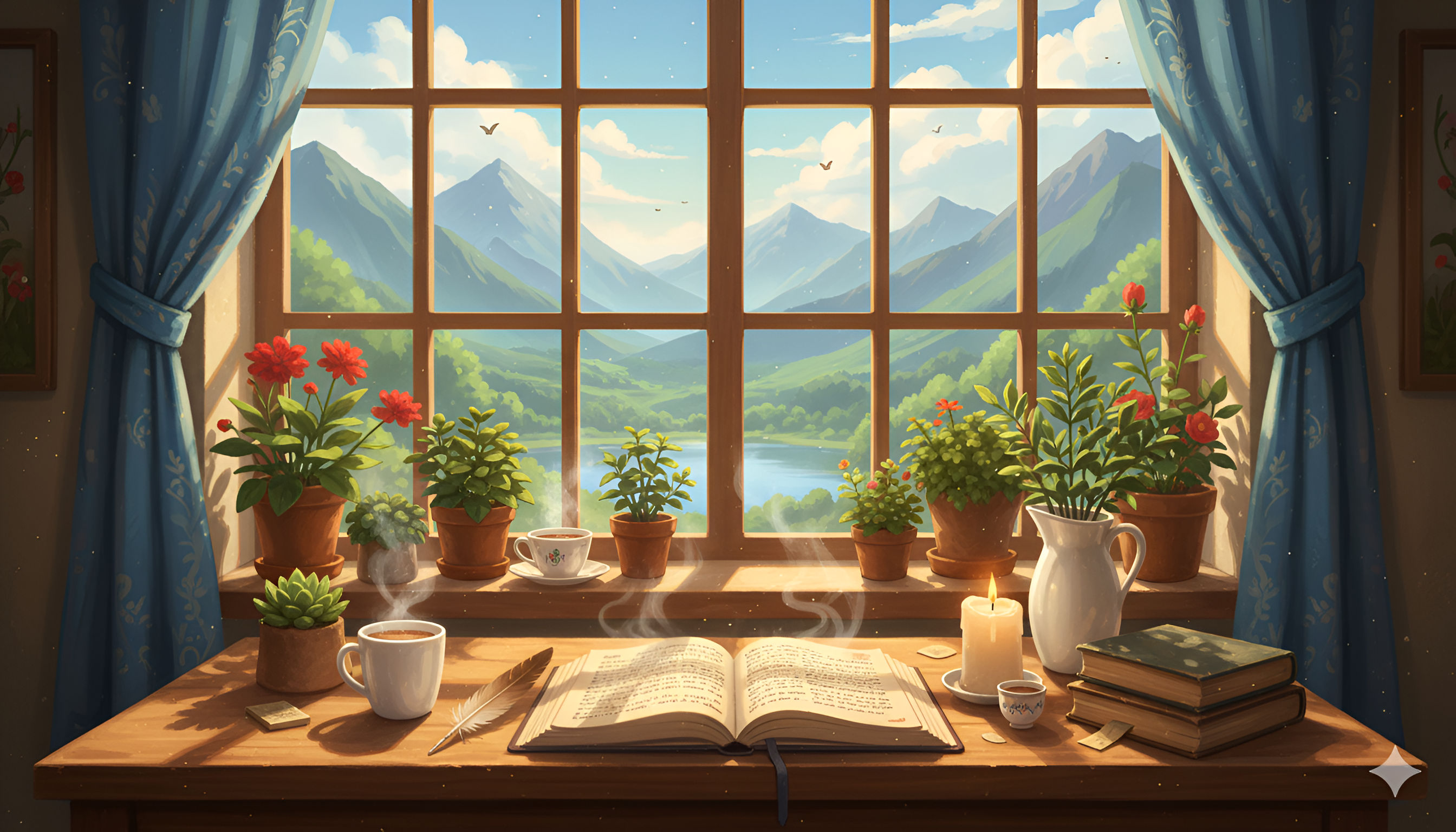 Anime Mountain View Desk – Cozy Reading Aesthetic