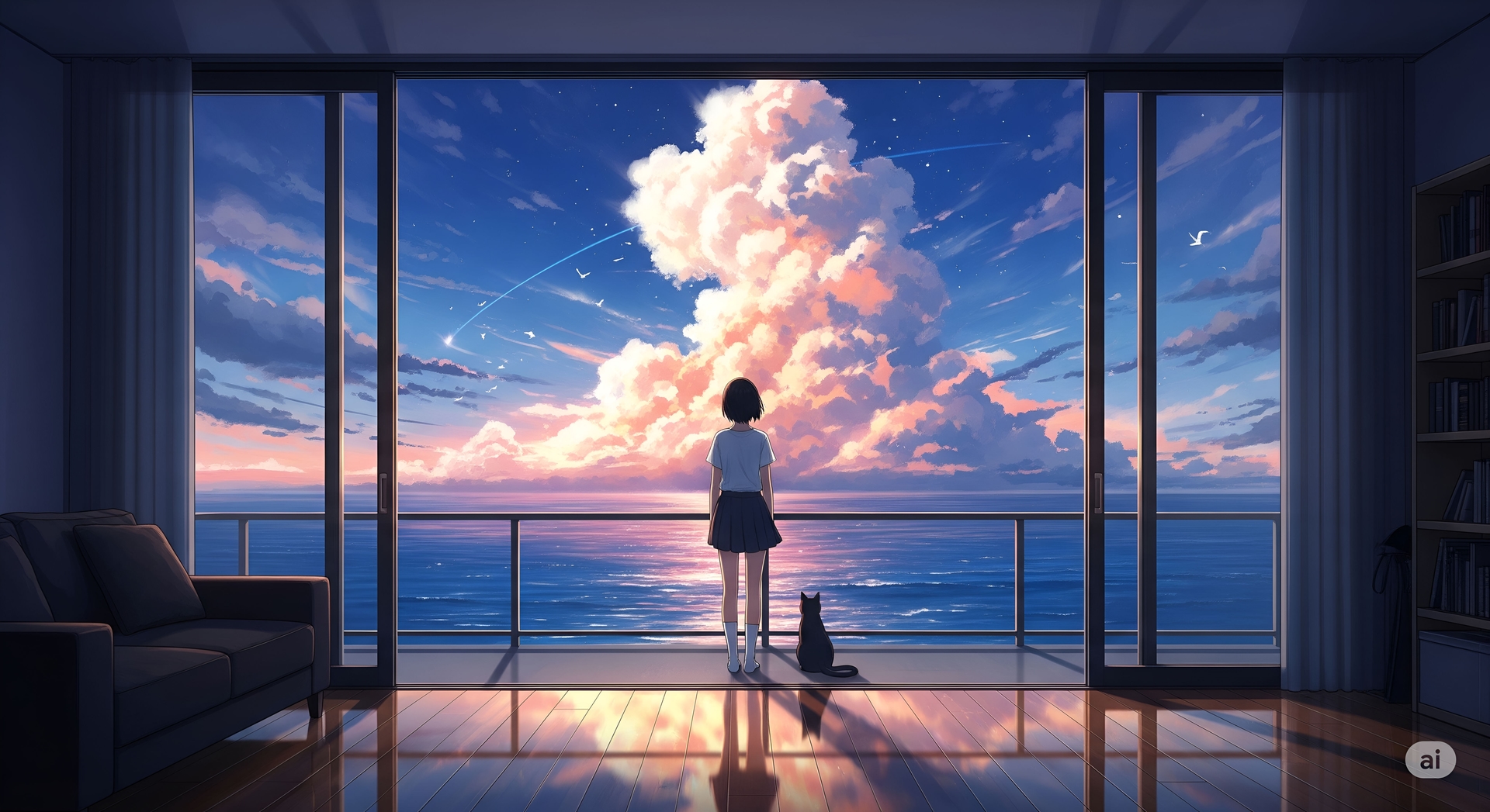 Girl and Cat Watching a Sunset