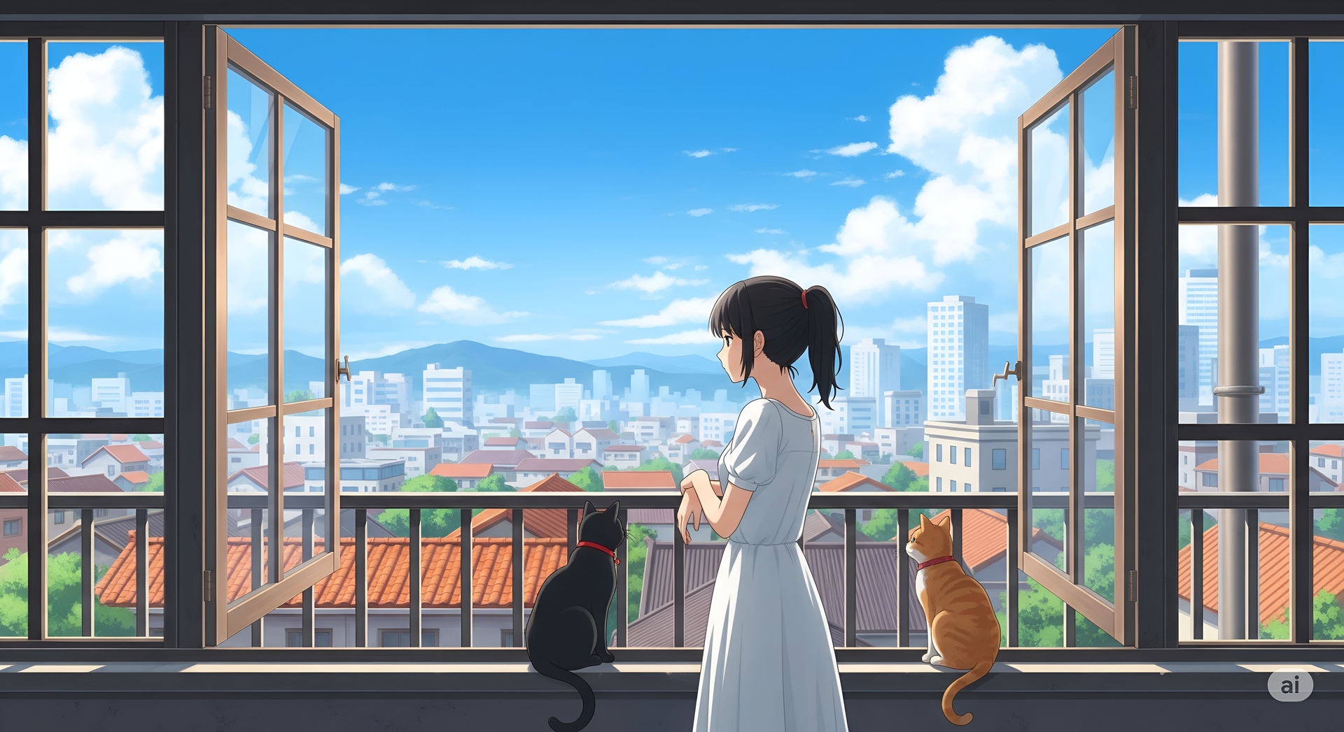 Girl and Cats on a Balcony
