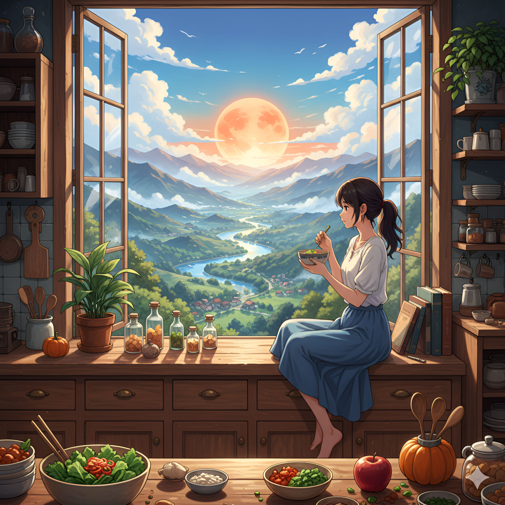 Anime Girl Eating Salad by Kitchen Window Sunset View