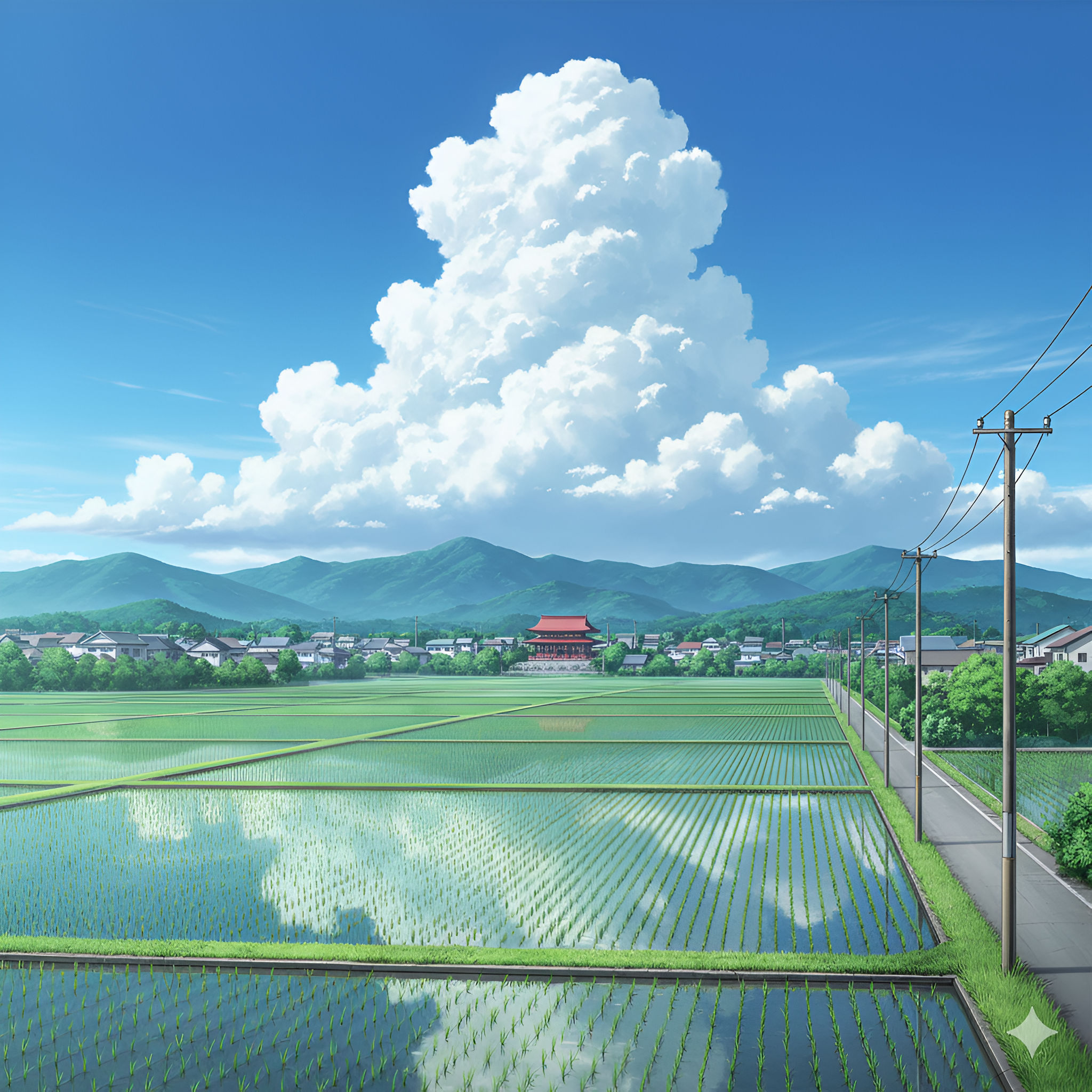 Summer Cumulus Over Rice Fields (or Rural Temple Landscape)