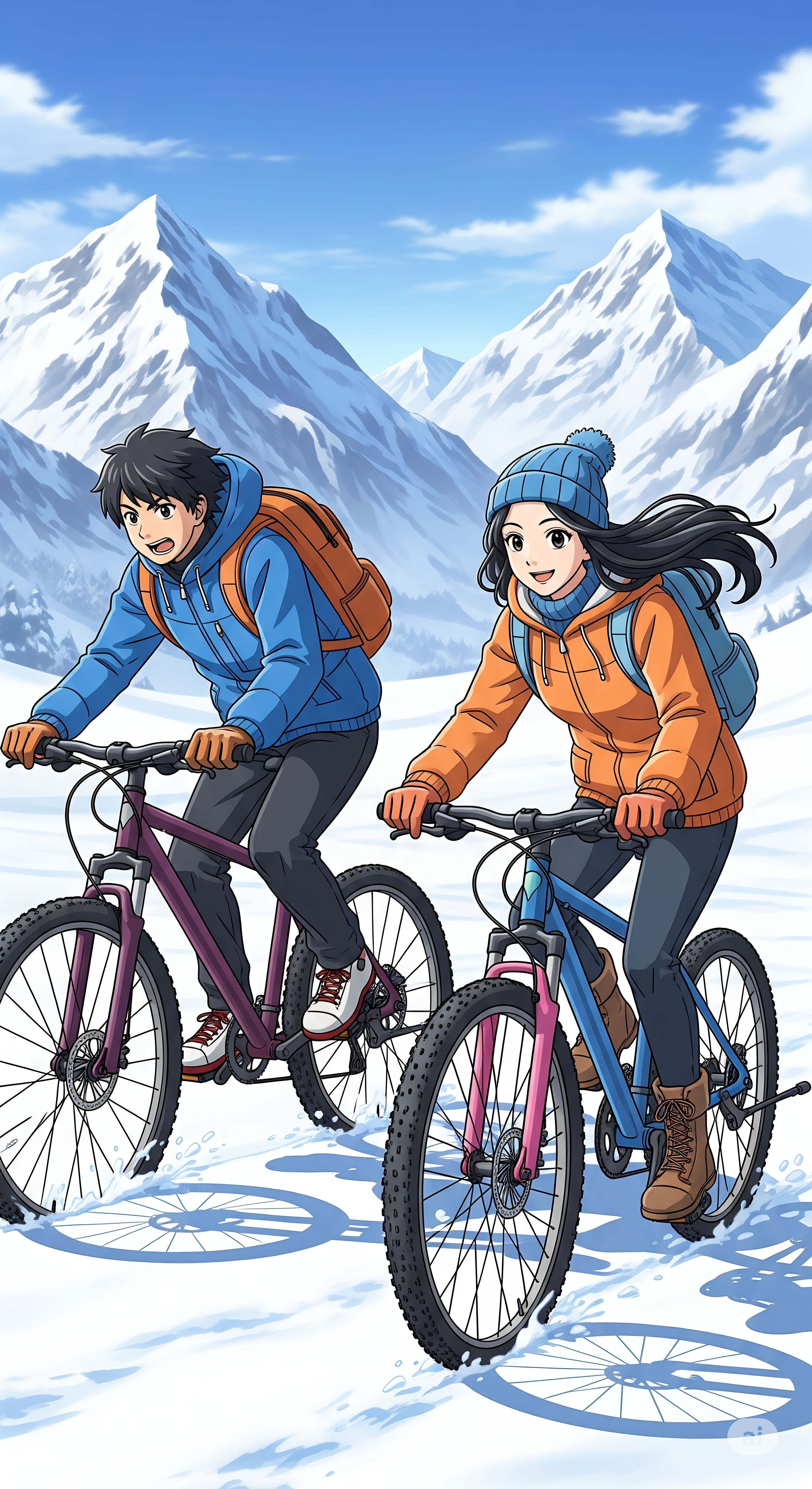 Anime Couple Mountain Biking in Snow
