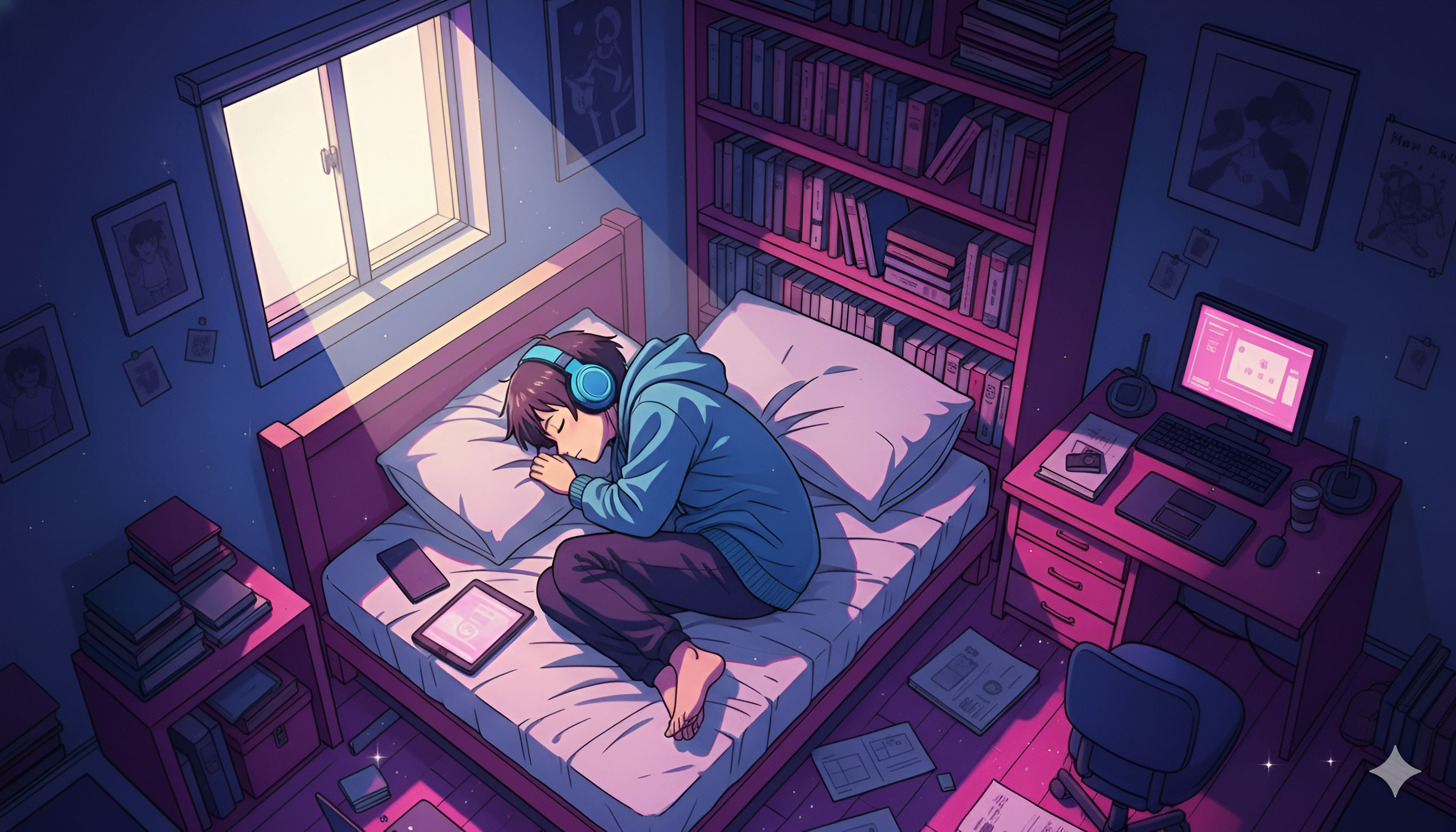Lo-fi Anime Bedroom Sleep – Pink and Blue Neon Glow