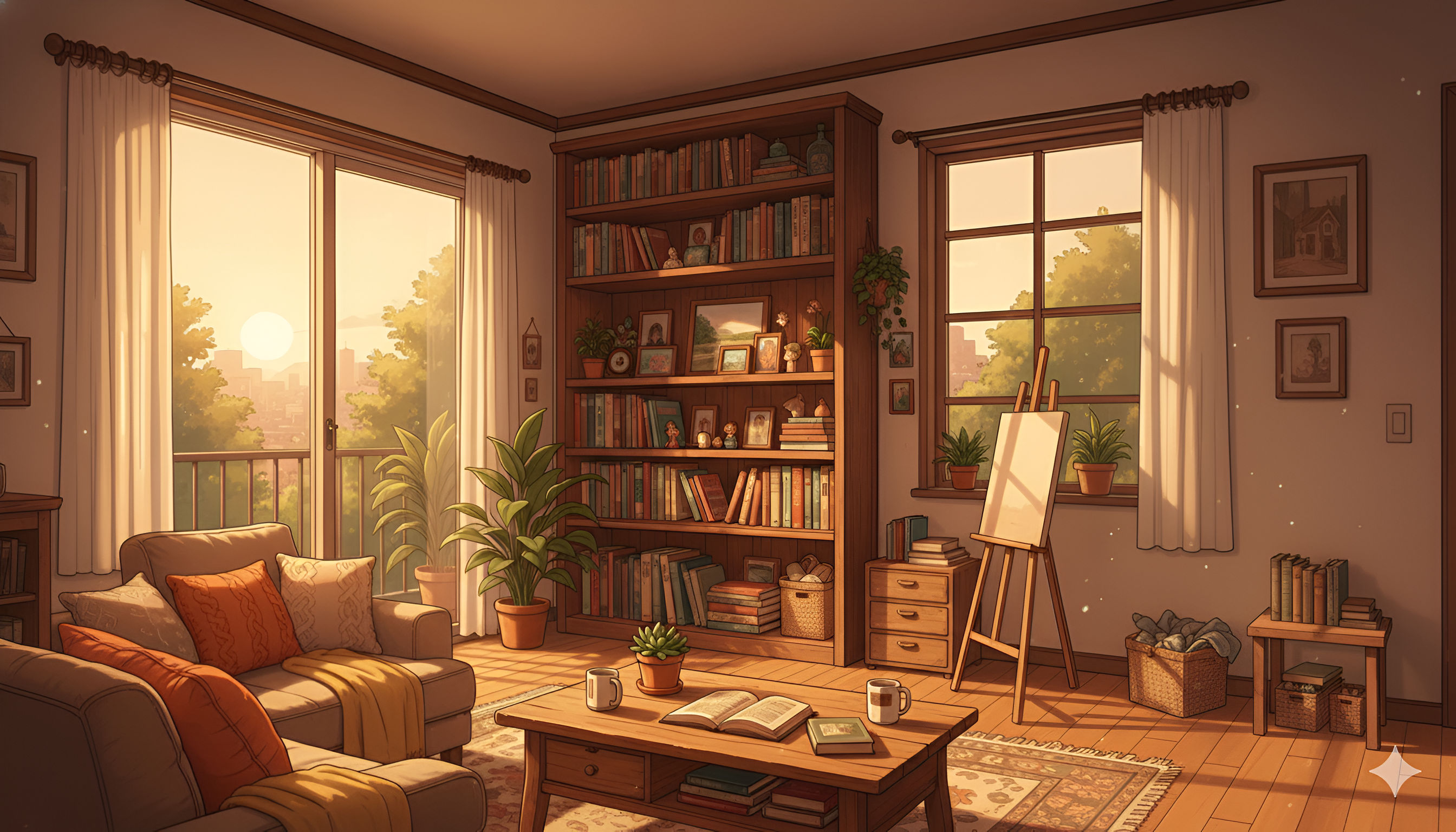 Sunlit Anime Living Room – Cozy Bookshelf & Sunrise City View