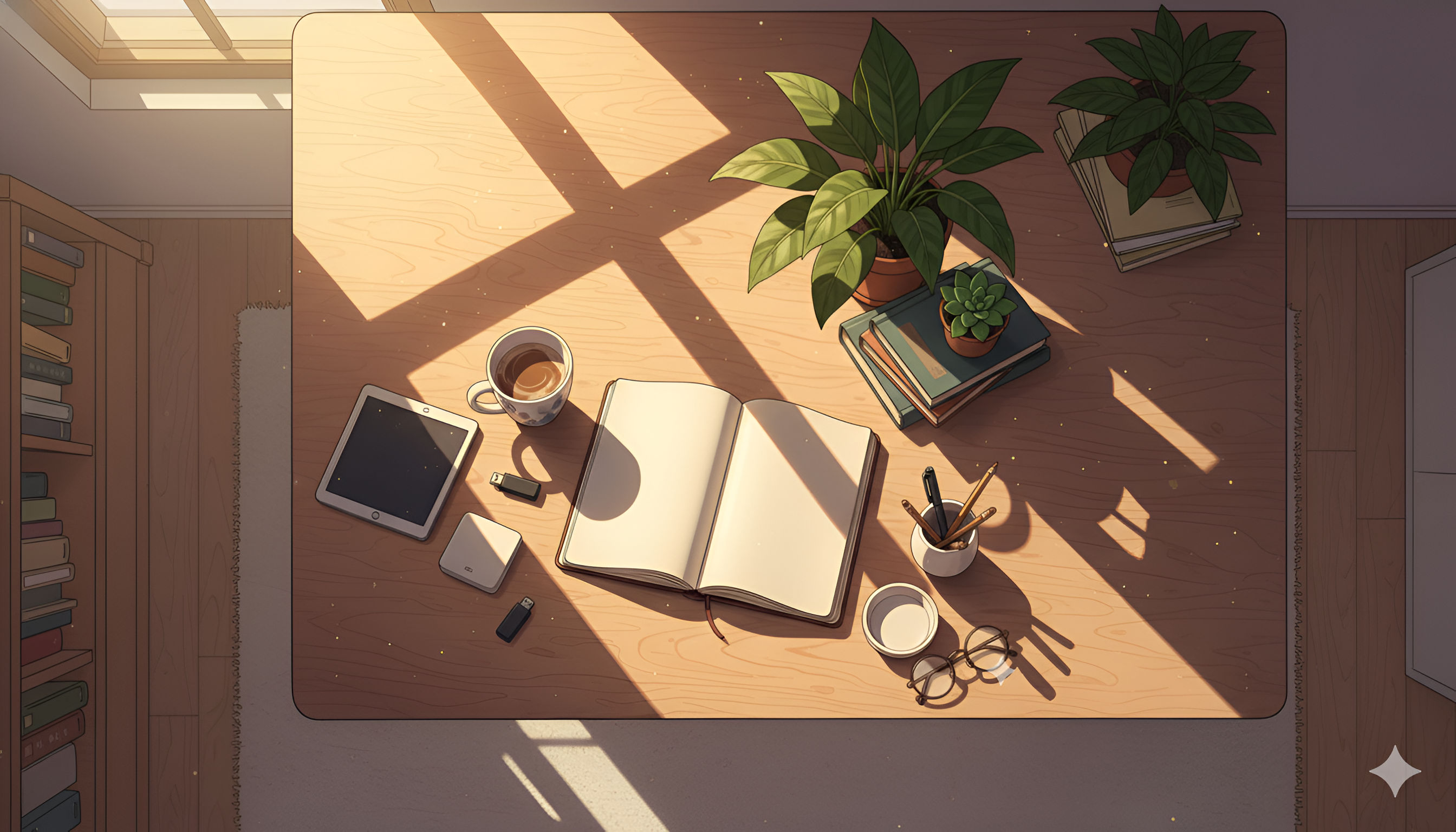 Cozy Overhead Study View – Sunny Desk Flat Lay Anime