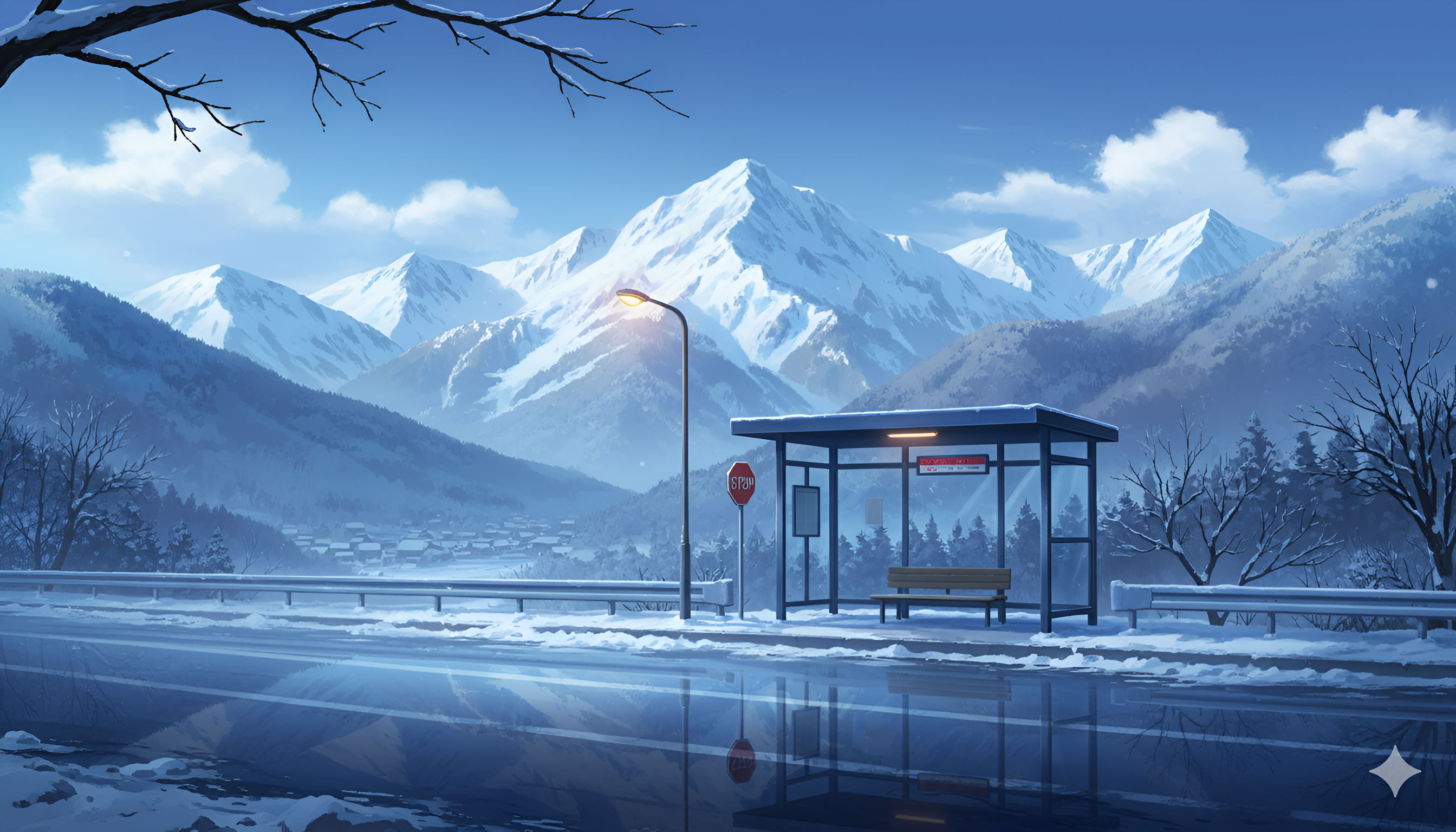 Anime winter mountain wallpaper Snowy Mountain Pass Bus Stop – Winter Anime Landscape
