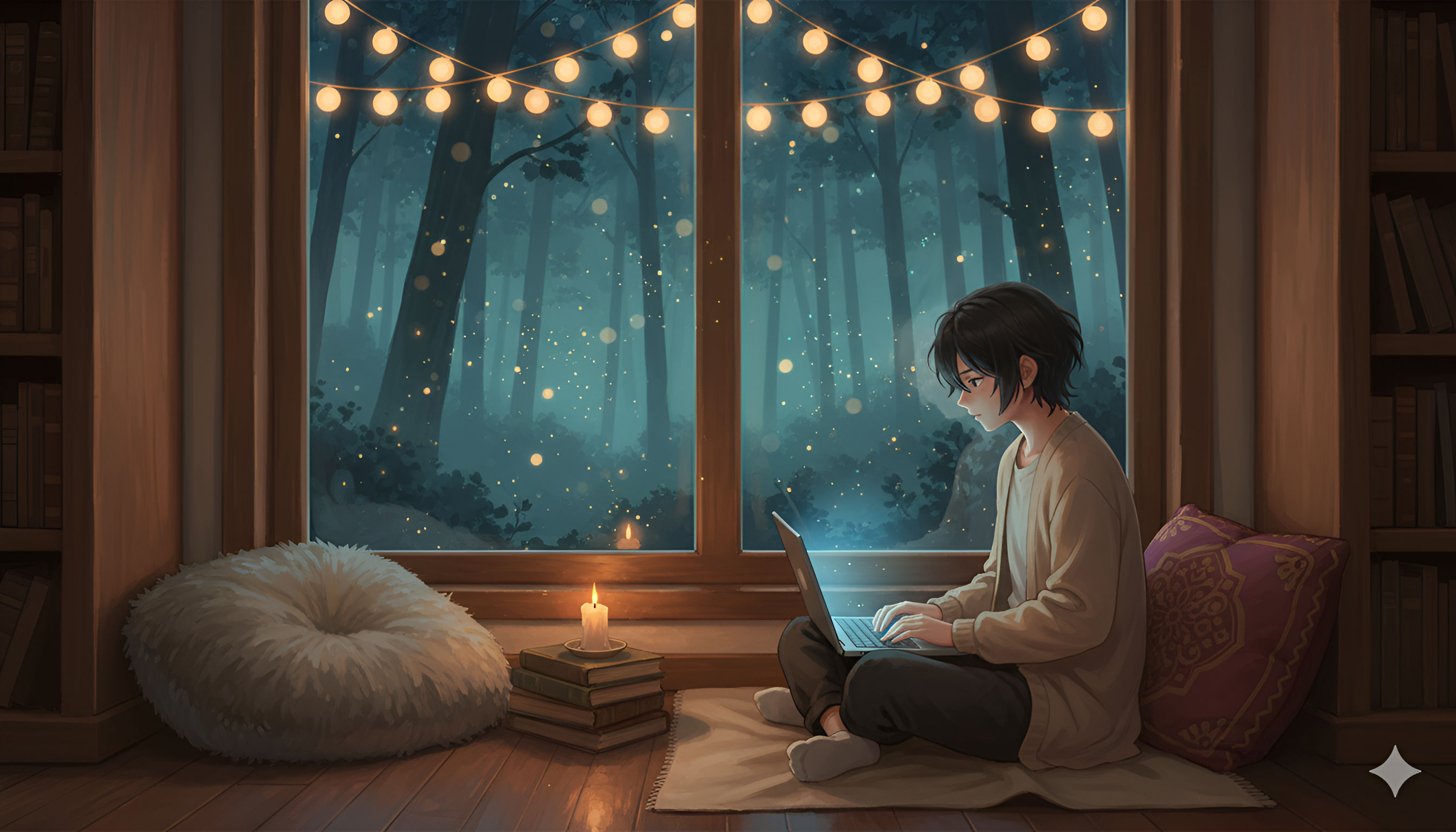 Cozy Night Study – Fairy Lights Forest Anime Wallpaper
