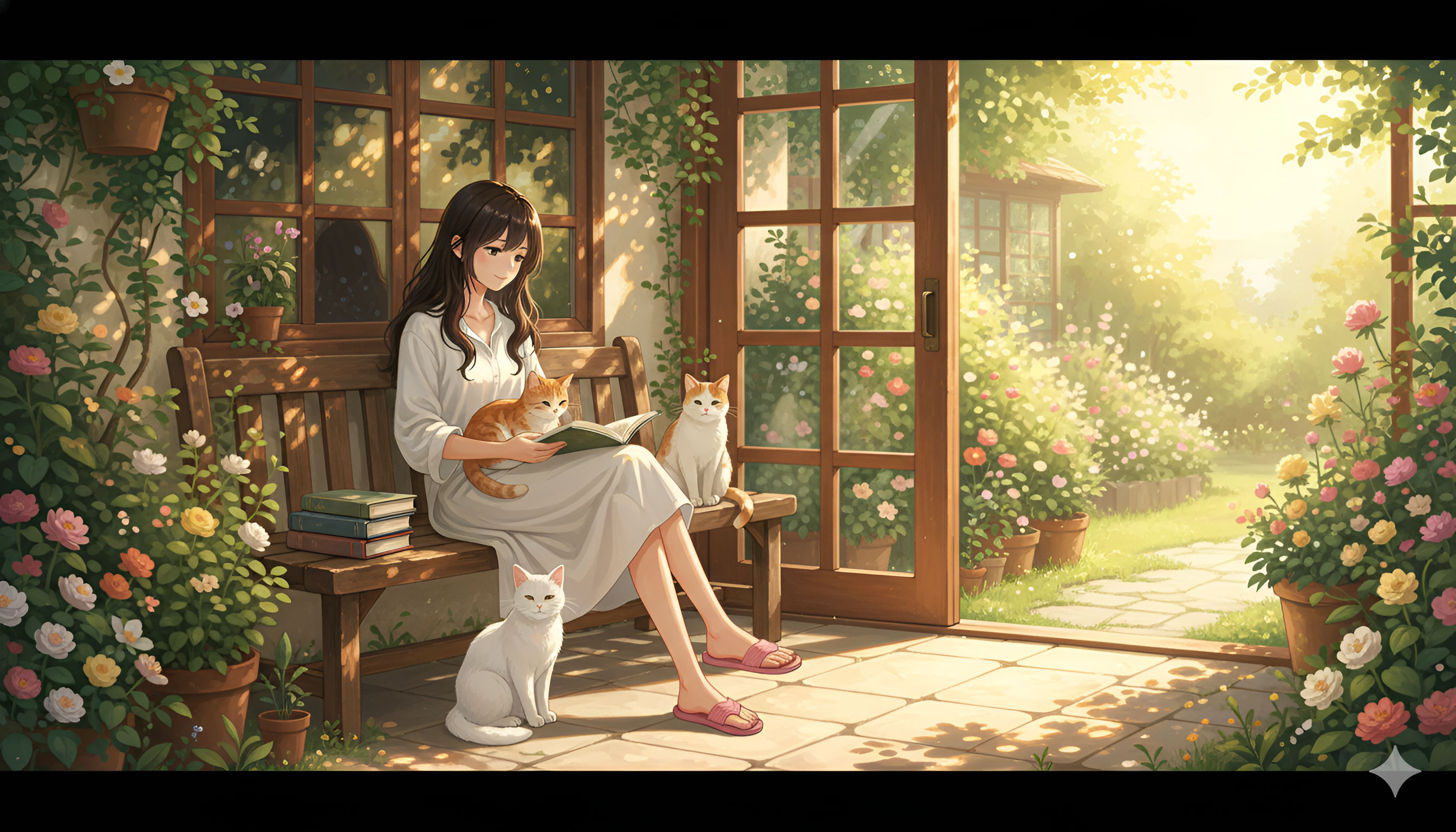 Sunny Garden Reading – Anime Girl with Cats Aesthetic