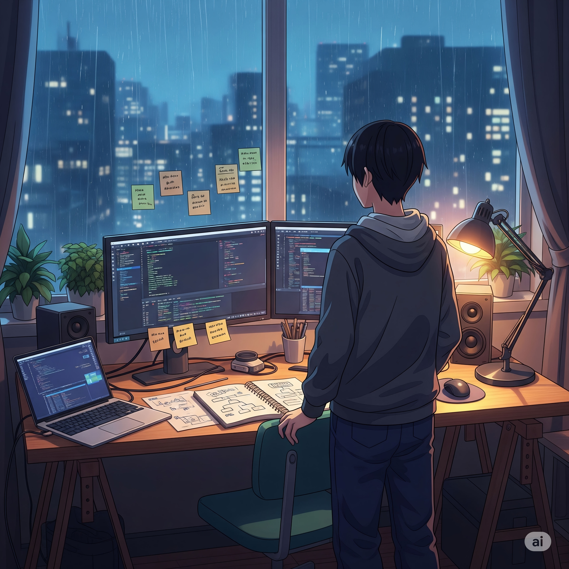 Anime Programmer Working Late in the City Rain