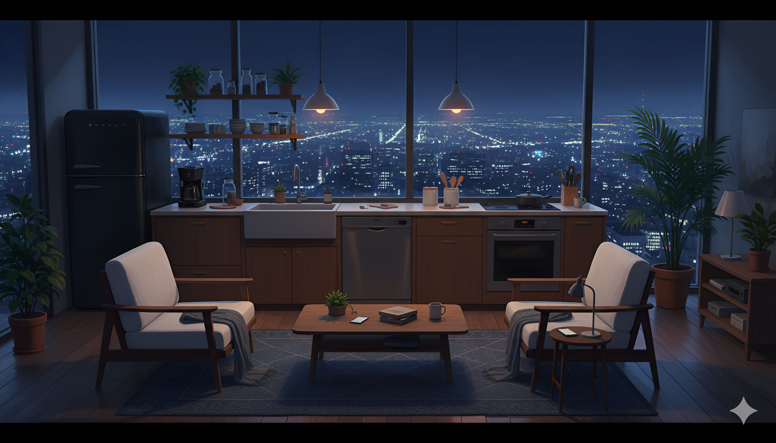 Midnight Loft View – City Lights Anime Apartment Kitchen
