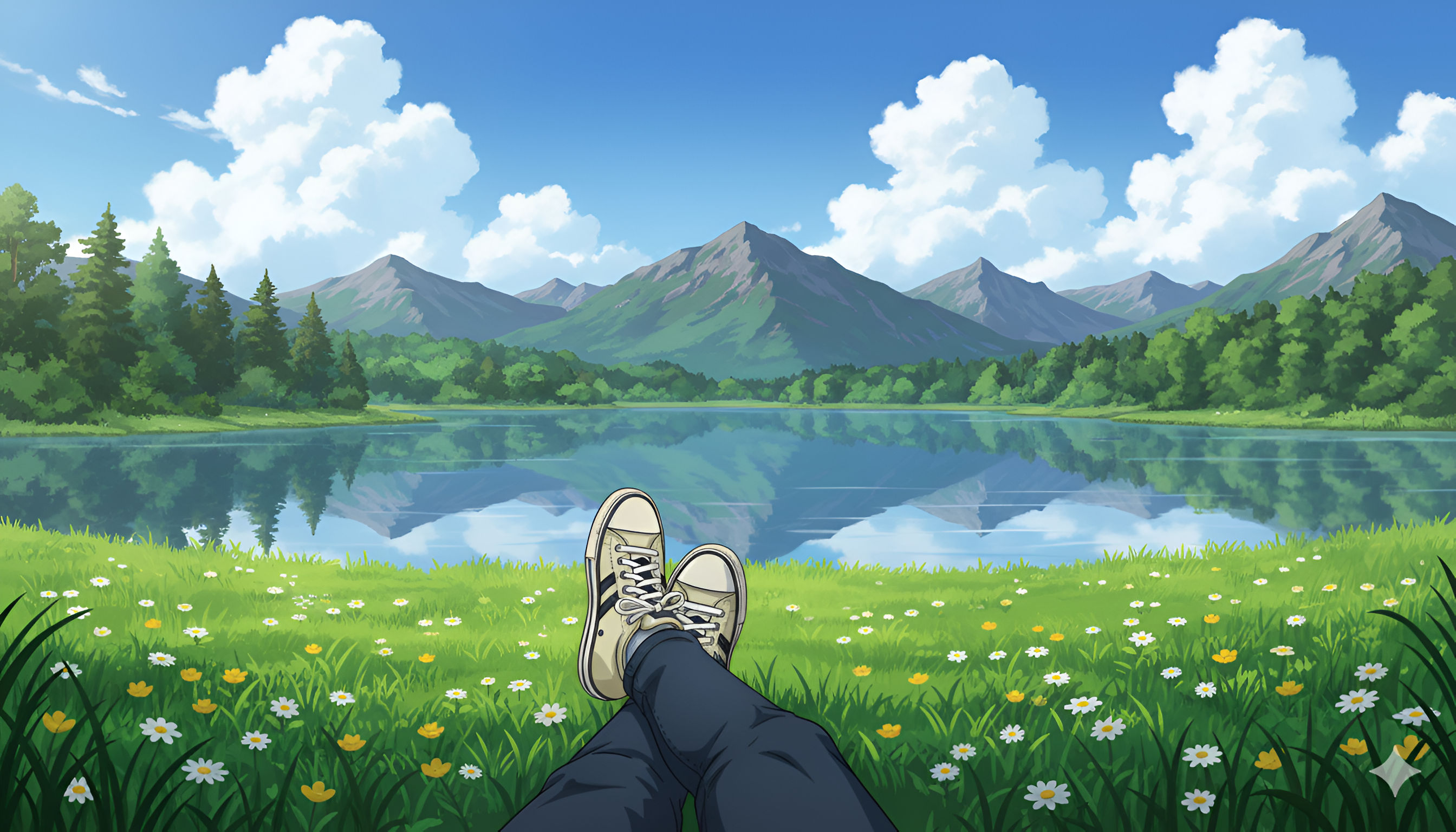 Mountain Lake Relaxation: First-Person View with Sneakers and Wildflowers