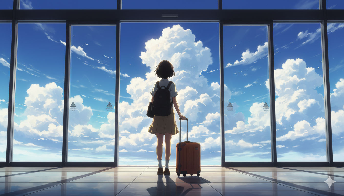 Journey Begins – Anime Airport Windows and Summer Clouds