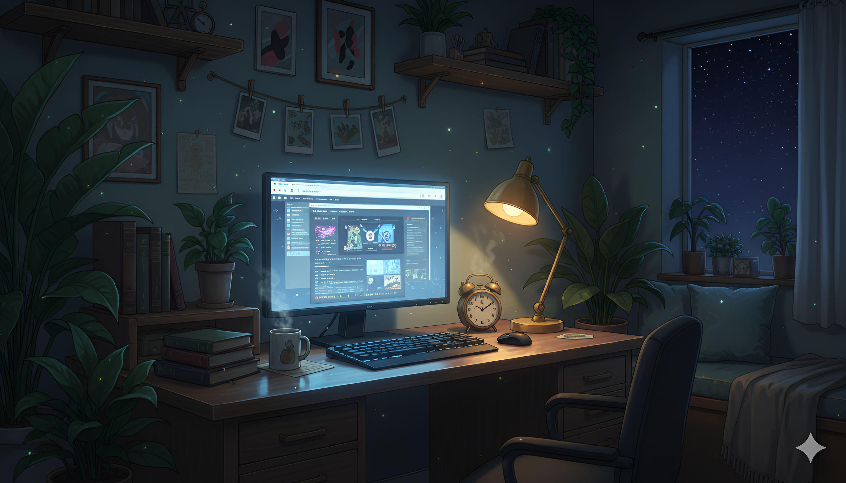 Lofi Night Desk – Starry Window Cozy Anime Workspace