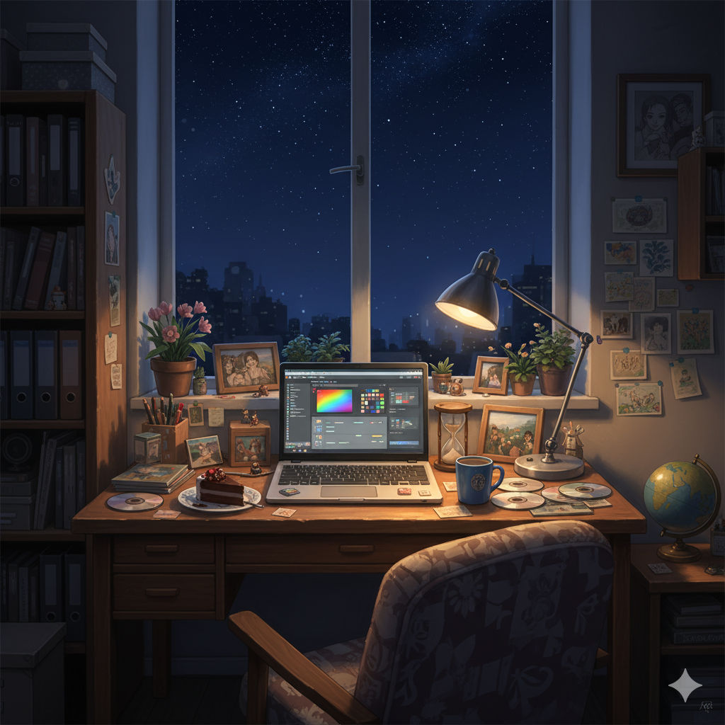 Late Night Creator – Cozy Desk View with Starry City Sky