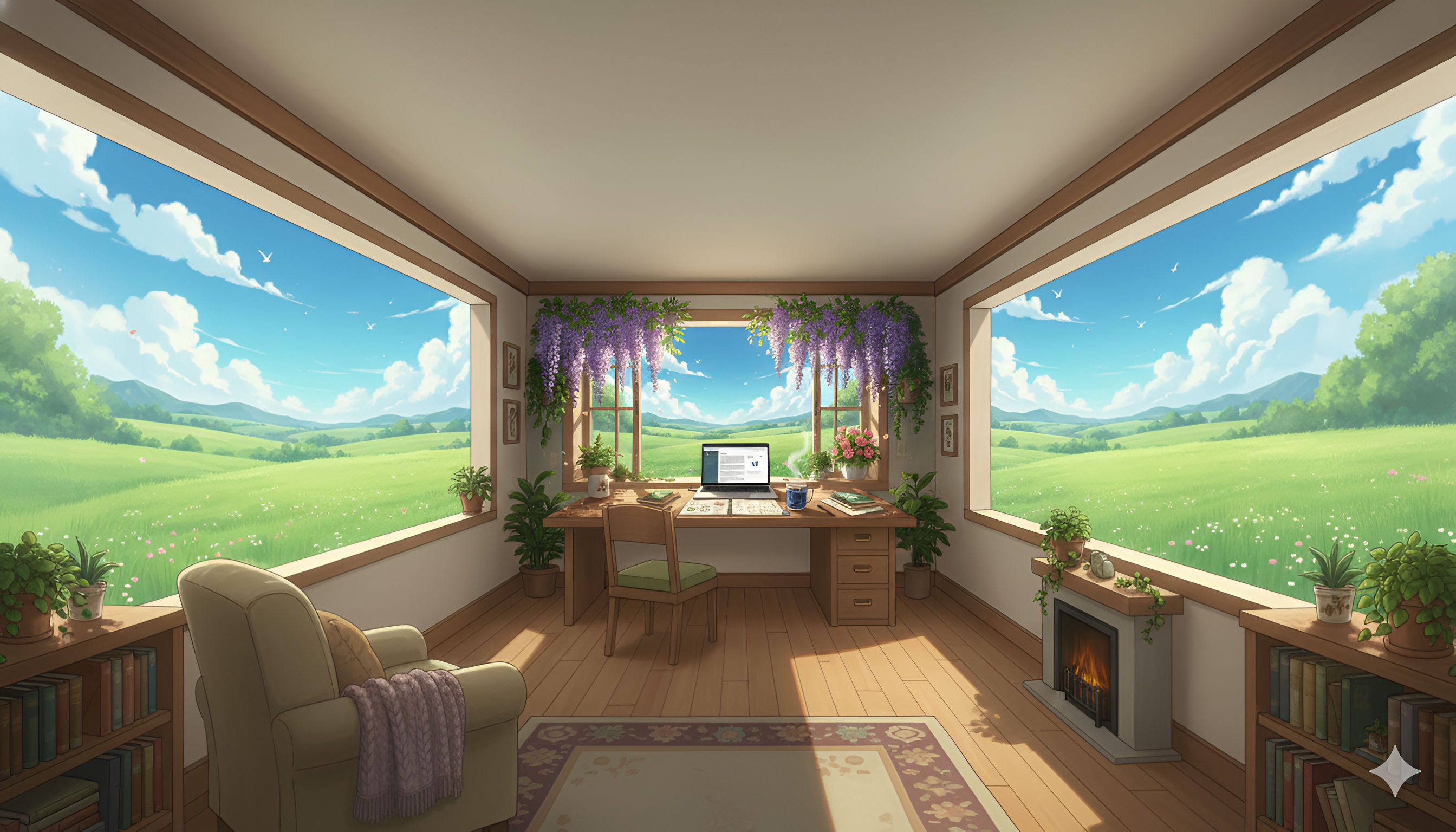 Ghibli Anime Study Room – Serene Green Field View