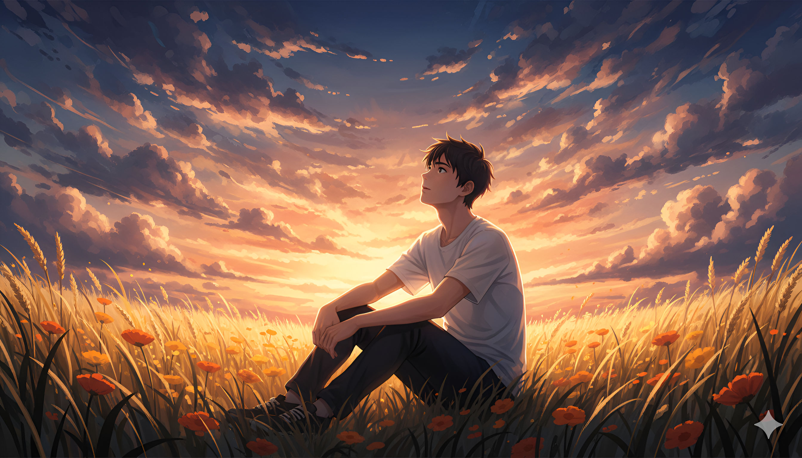 Sunset Contemplation: Young Man in a Golden Field of Flowers