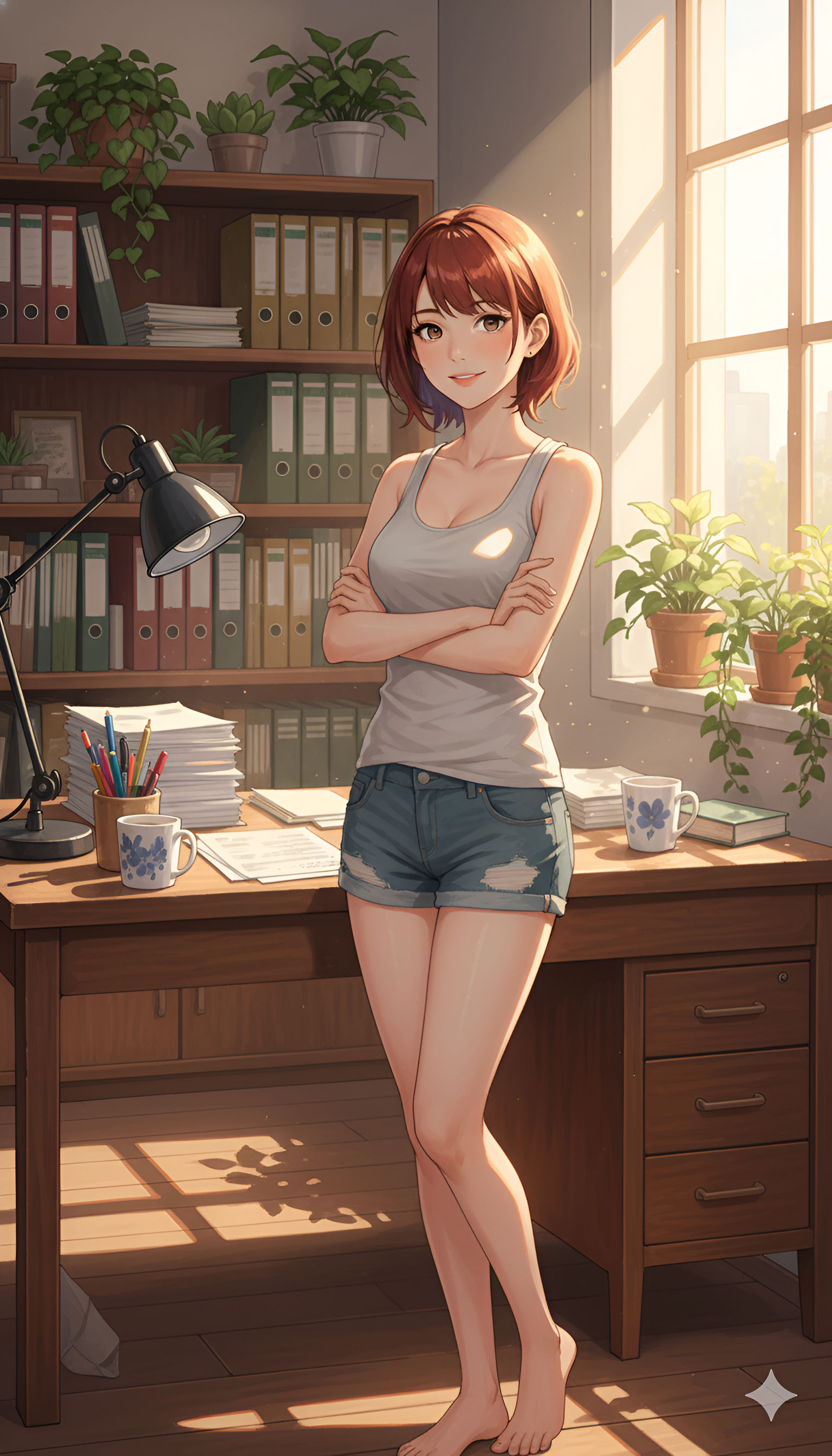 Sunny Home Office – Relaxed Anime Girl and Study Space