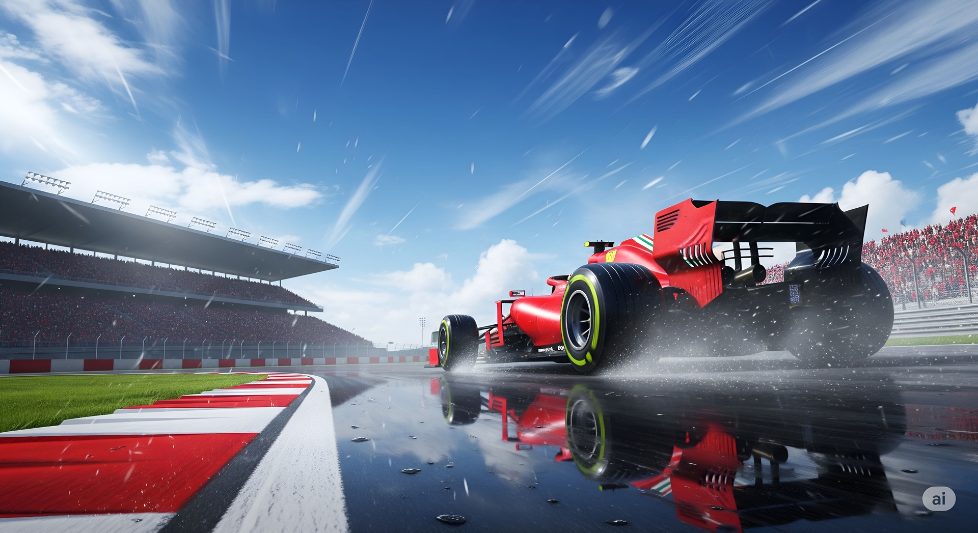 F1 Car on a Wet Track with a Dramatic Sky