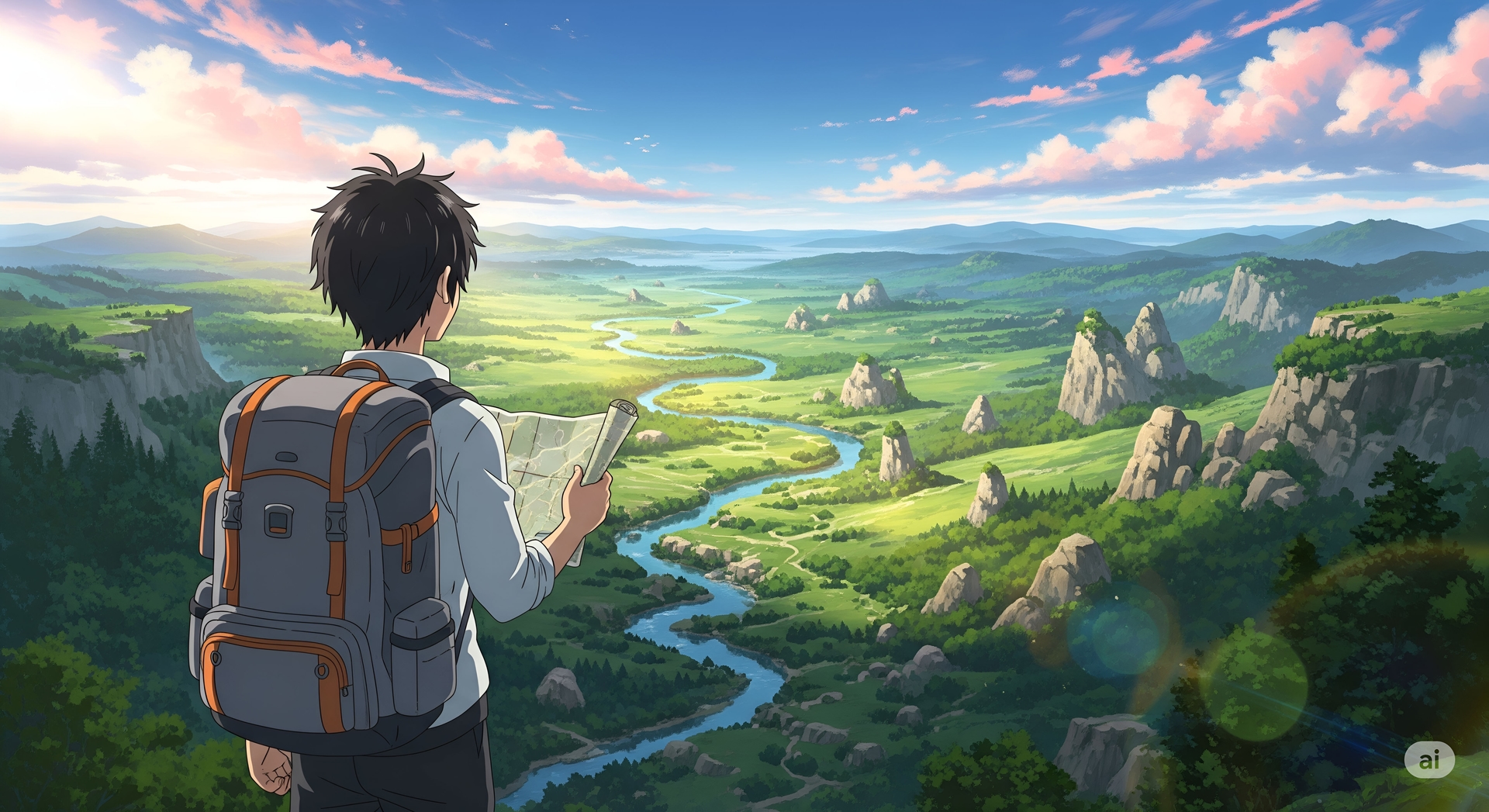 Hiker Overlooking a Serene Valley