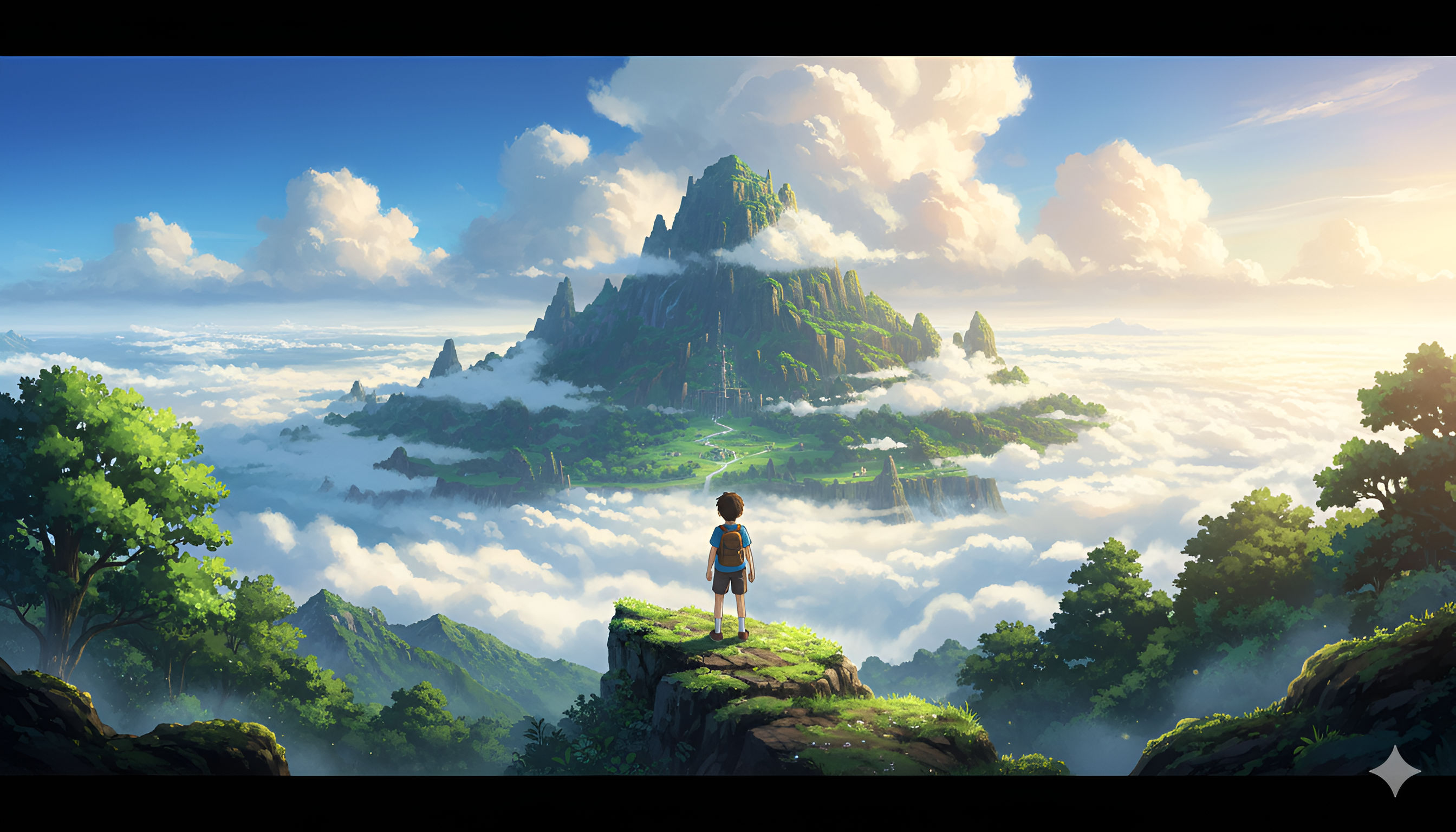Floating Mountain Kingdom: Boy on Cliff Overlooking Cloud Sea Vista