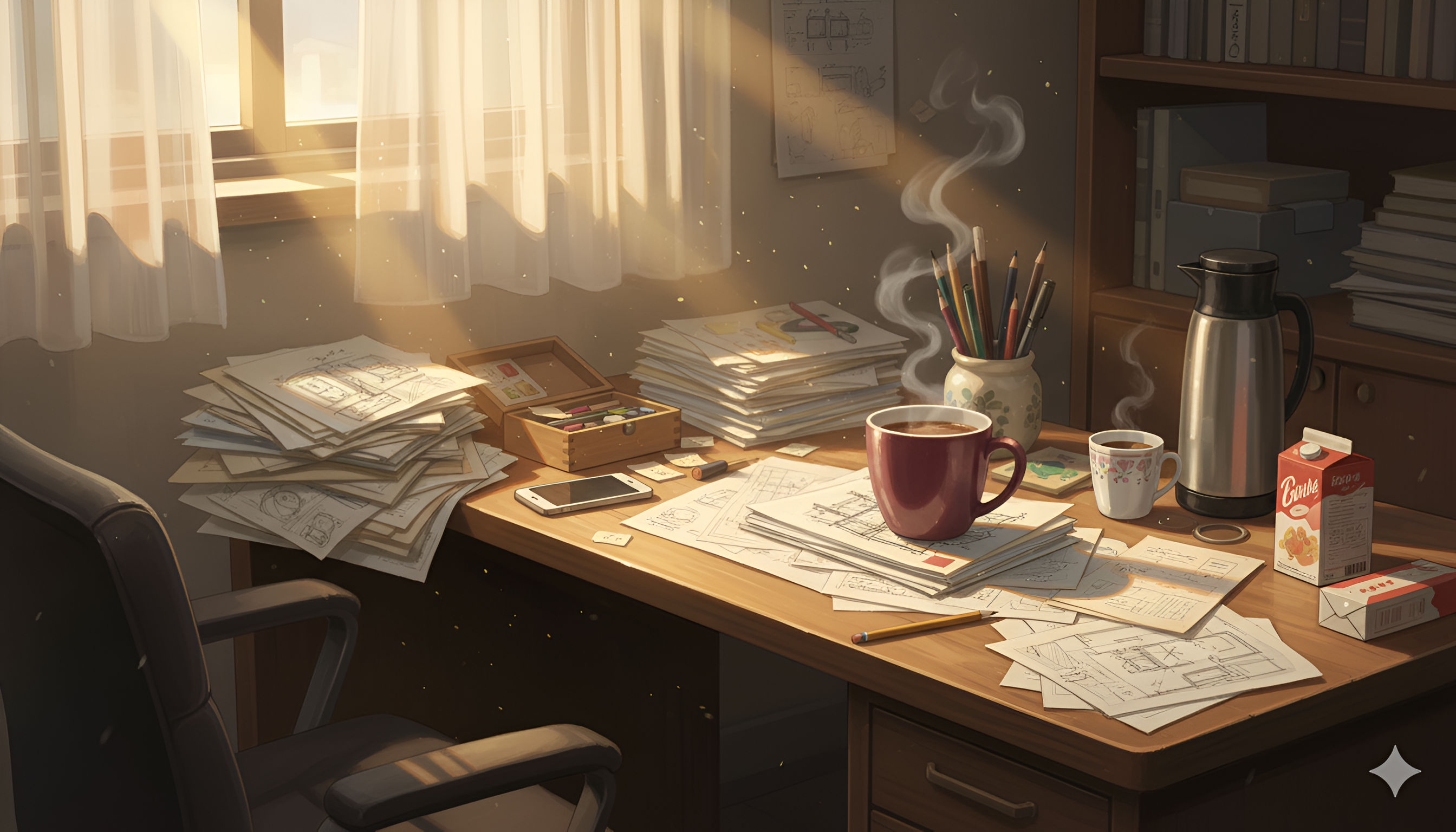 Cozy Study Desk – Anime Morning Sunlight and Coffee