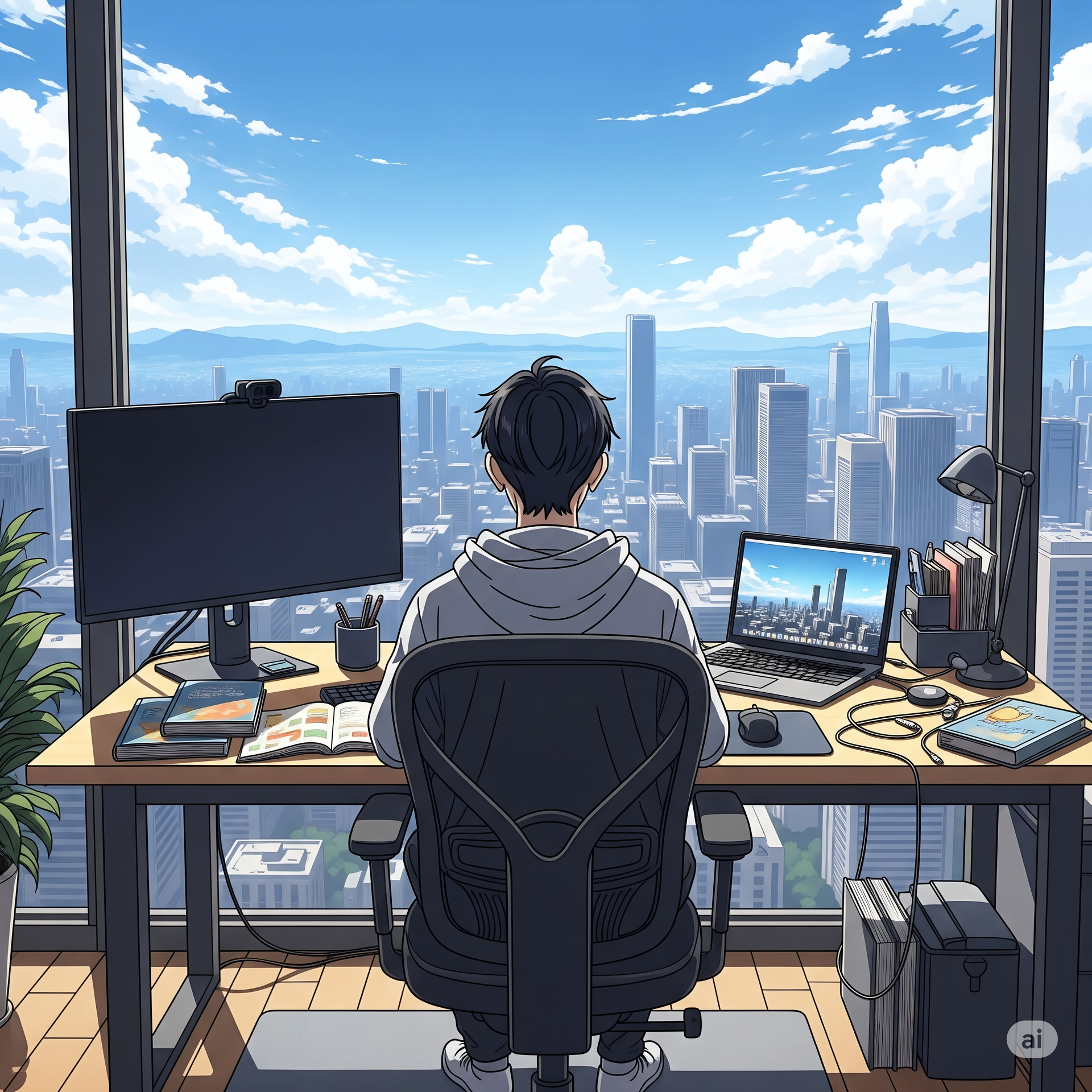 Anime Student/Developer with Panoramic City View