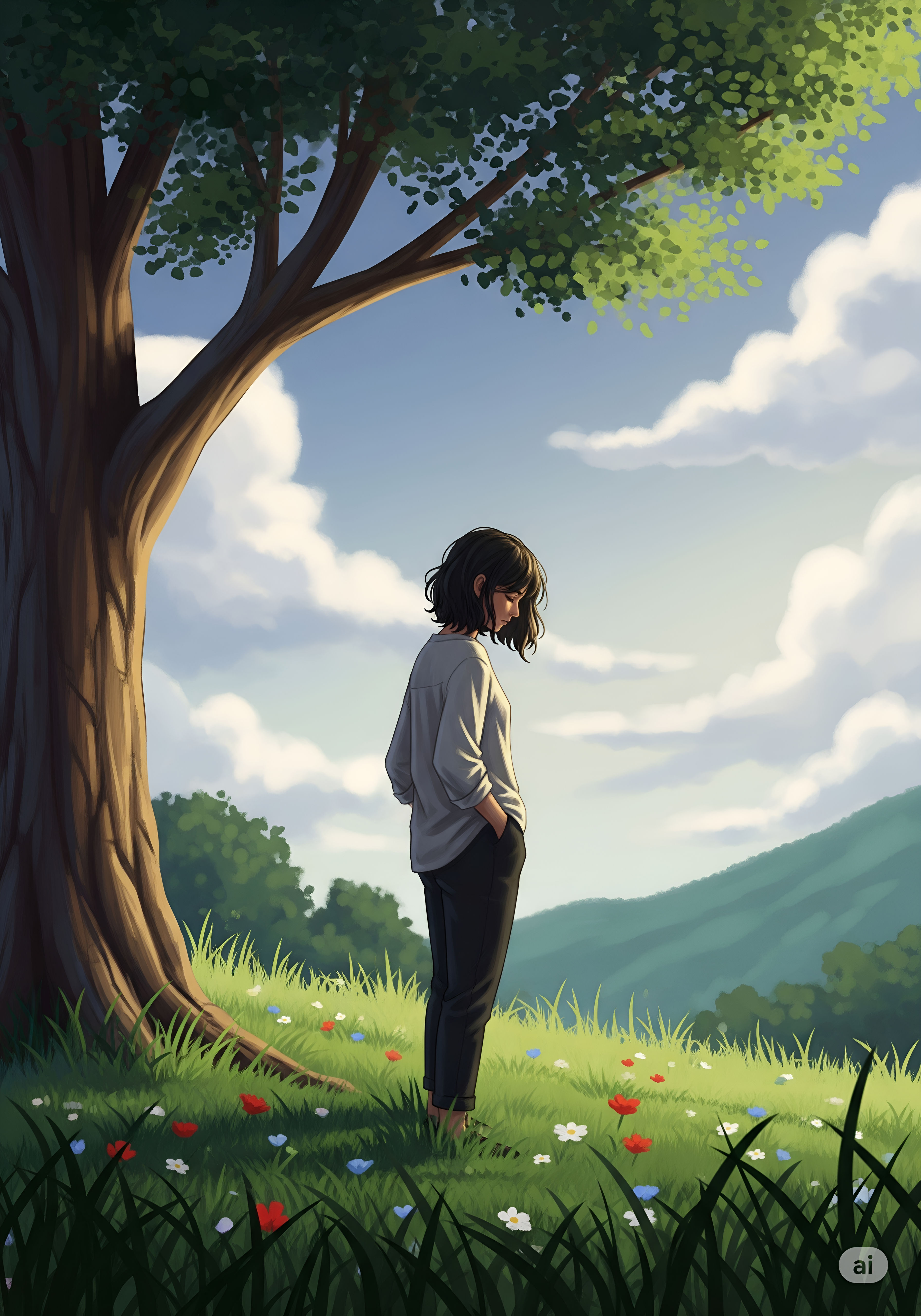 Woman Under the Tree in a Wildflower Meadow